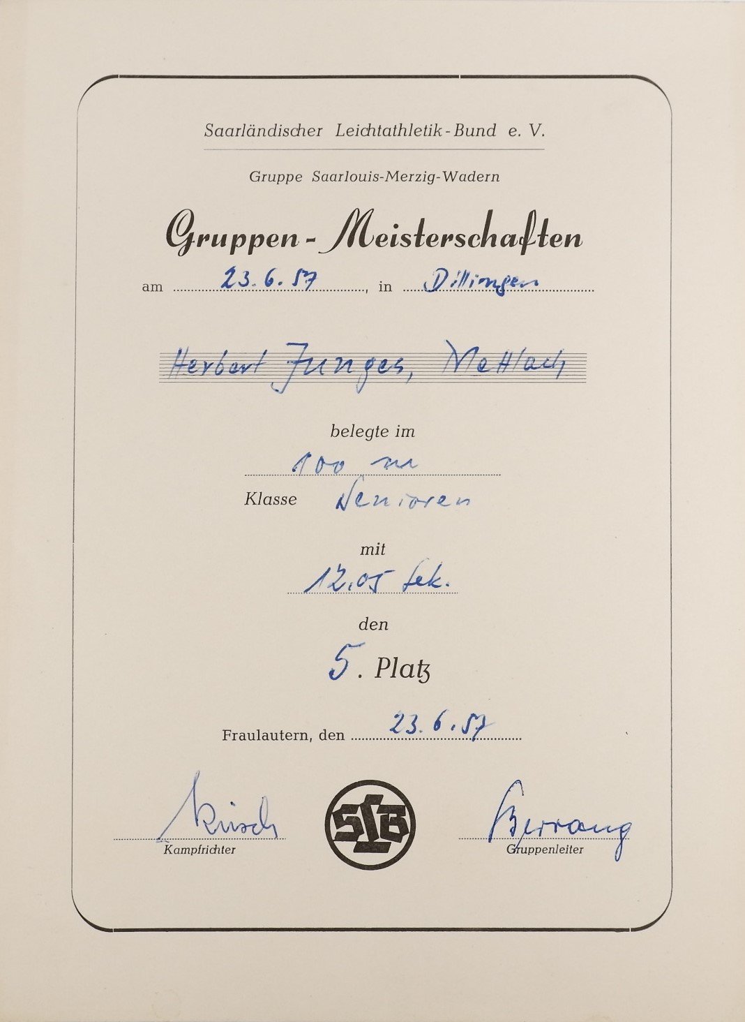 Urkunde: 100m-Lauf 1957 (Herbert Junges) (Volkskunde- und Freilichtmuseum Roscheider Hof CC0)