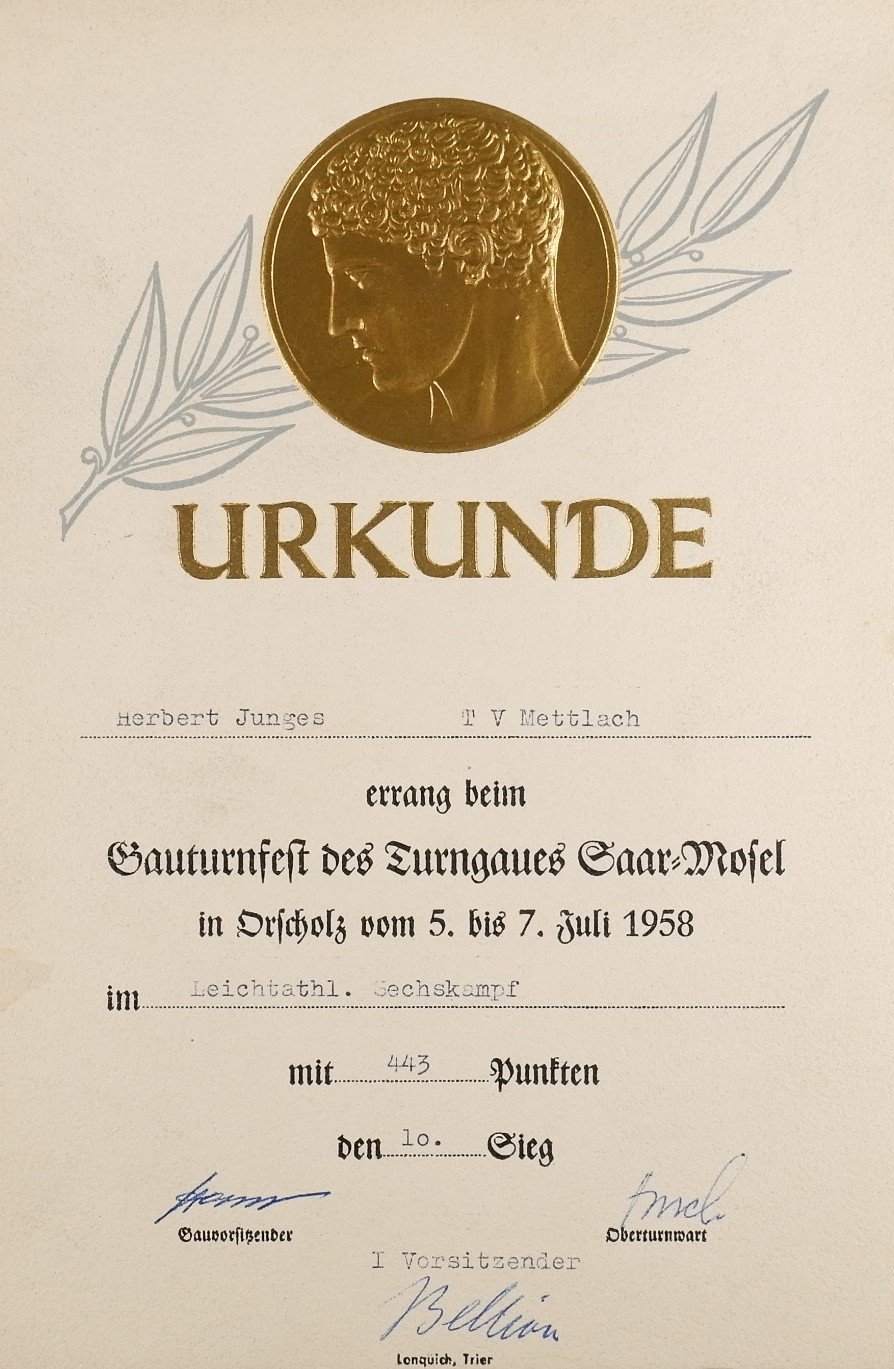 Urkunde: 100m-Lauf 1958 (Herbert Junges) (Volkskunde- und Freilichtmuseum Roscheider Hof CC0)