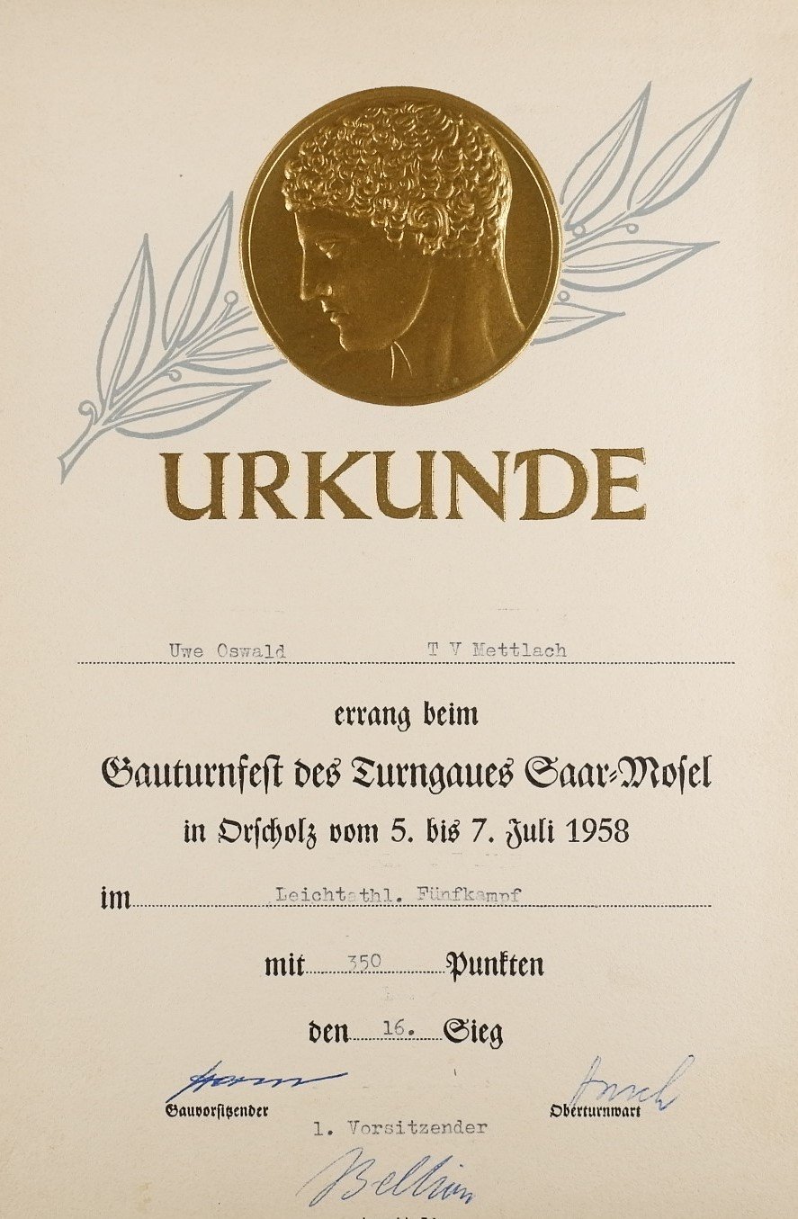 Urkunde: Fünfkampf 1958 (Herbert Junges) (Volkskunde- und Freilichtmuseum Roscheider Hof CC0)