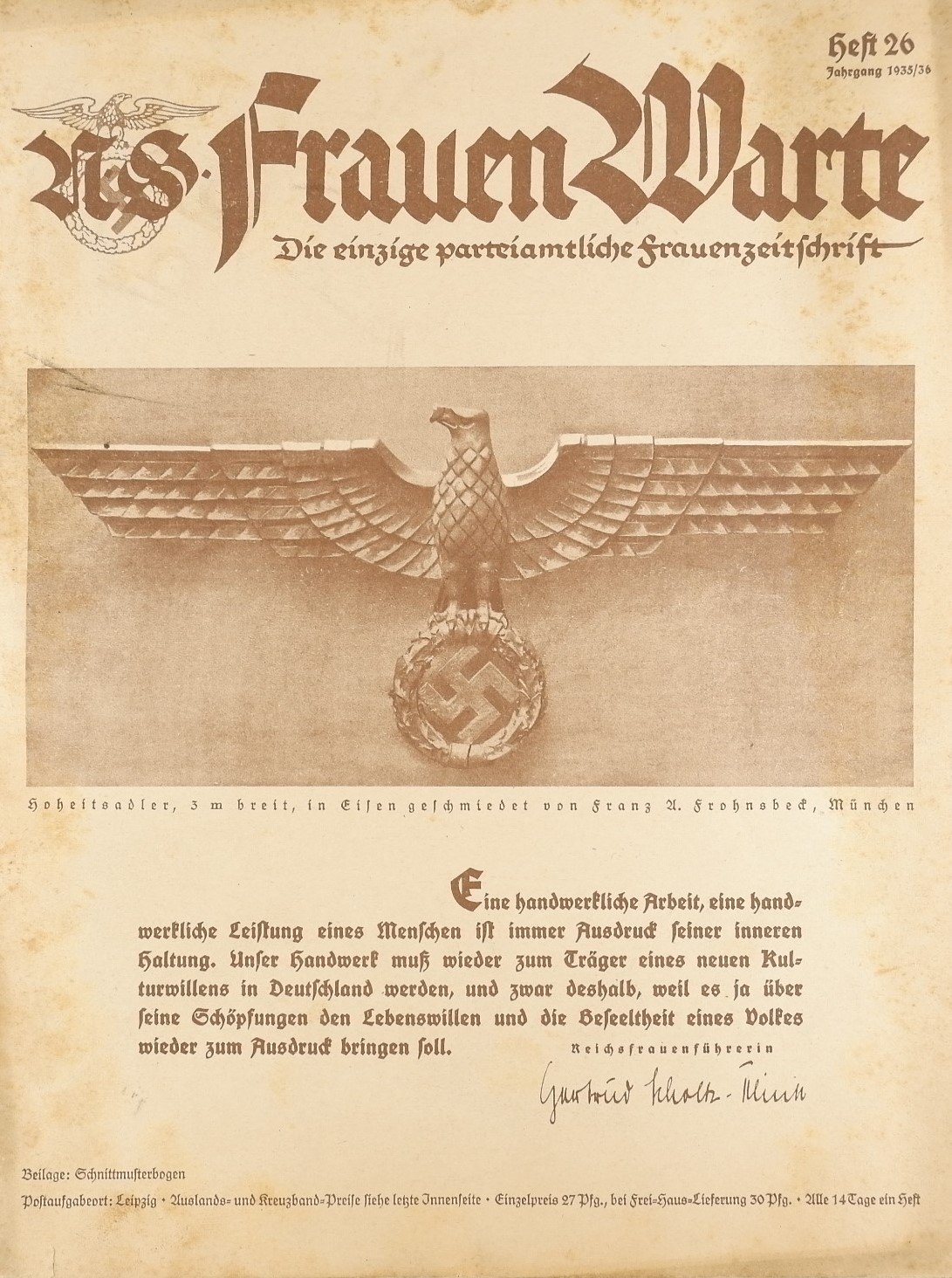 Frauen Warte – Die einzige parteiamtliche Frauenzeitschrift Heft 26 1935/36 (Volkskunde- und Freilichtmuseum Roscheider Hof RR-F)