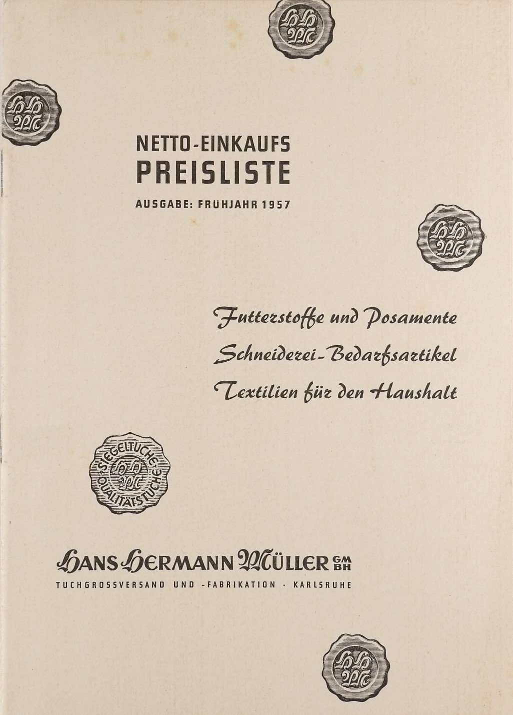 Netto-Einkaufs-Preisliste für Futterstoffe und Textilien (Frühjahr 1957) (Volkskunde- und Freilichtmuseum Roscheider Hof RR-F)