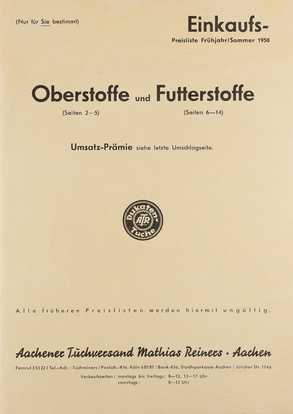 Einkaufs-Preisliste für Oberstoffe und Futterstoffe (Fruhjahr und Sommer 1958) (Volkskunde- und Freilichtmuseum Roscheider Hof CC0)