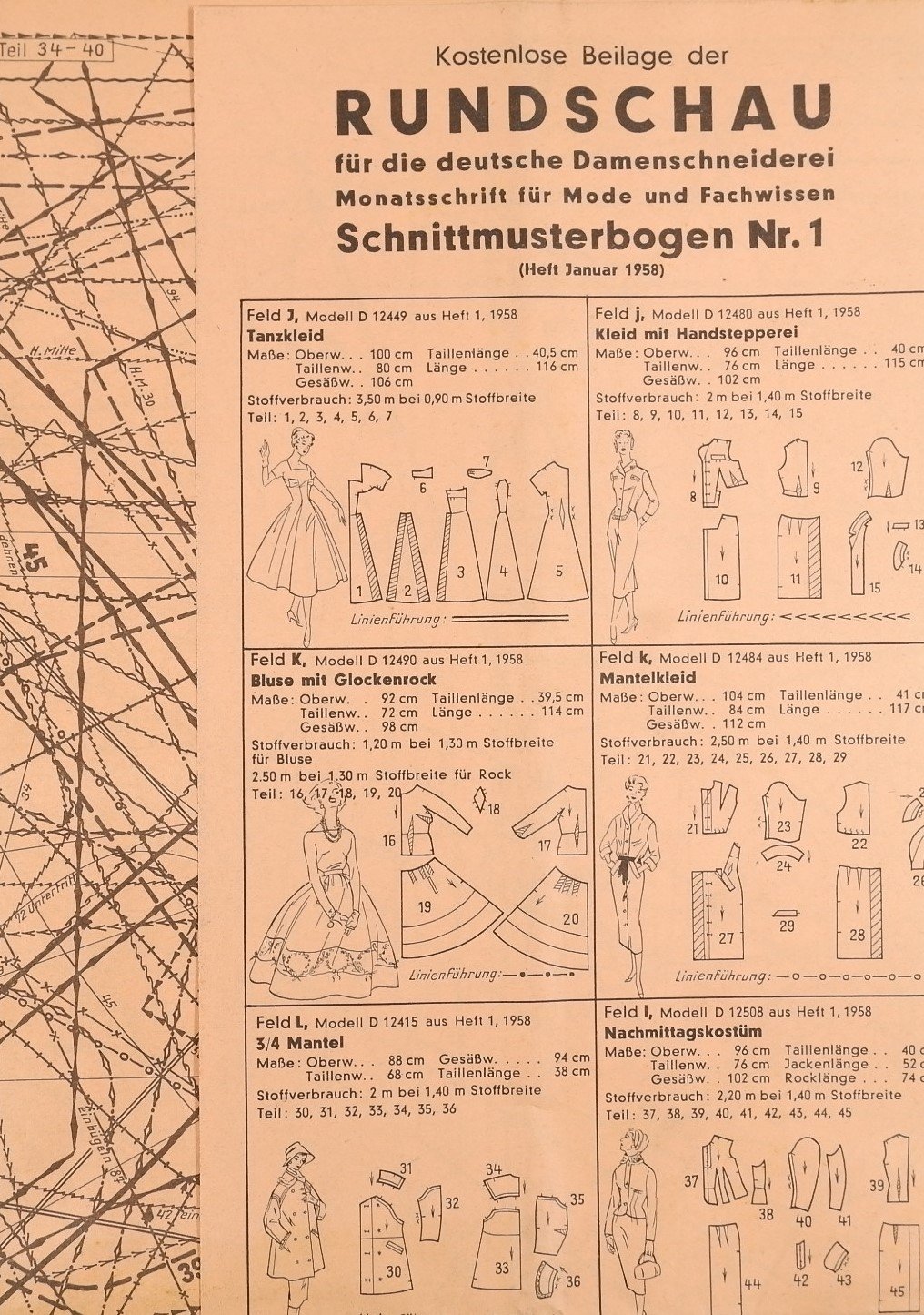 Schnittmusterbogen 1 aus der „Rundschau für die deutsche Damenschneiderei“ Januar 1958 (Volkskunde- und Freilichtmuseum Roscheider Hof RR-F)
