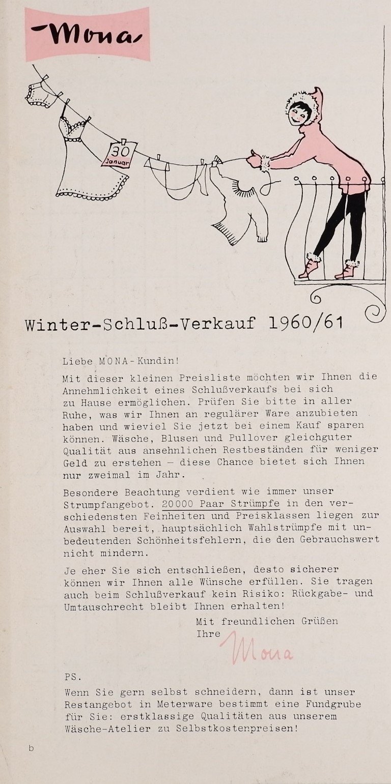 Mona Winter-Schluß-Verkauf 1960/61 (Volkskunde- und Freilichtmuseum Roscheider Hof RR-F)