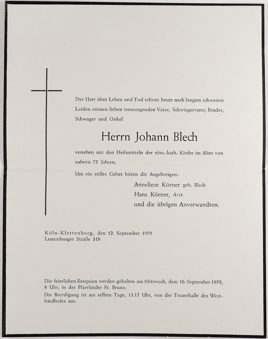 Todesanzeige: Johannes Blech (Freilichtmuseum Roscheider Hof CC0)