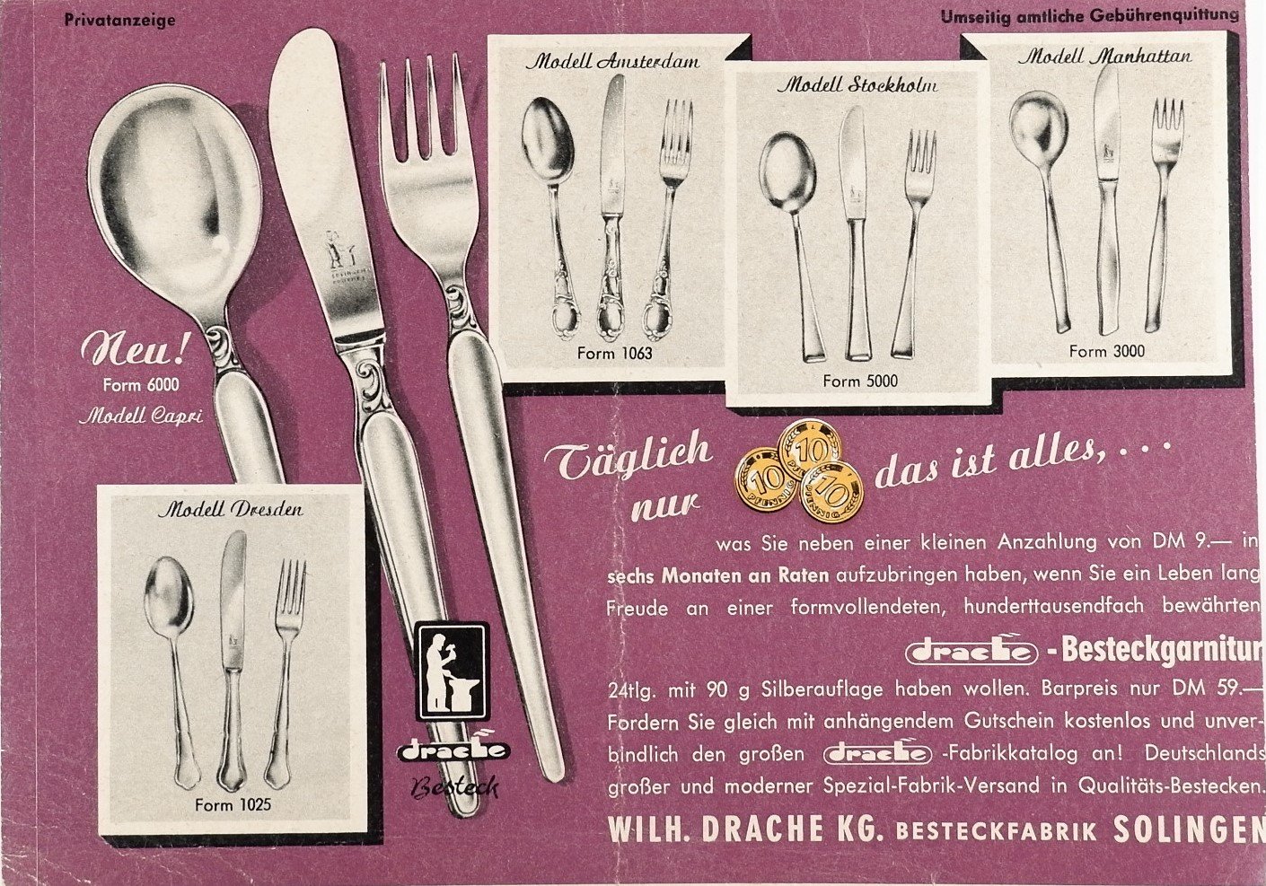 Bestellunterlagen für Drache Besteck (Freilichtmuseum Roscheider Hof RR-F)