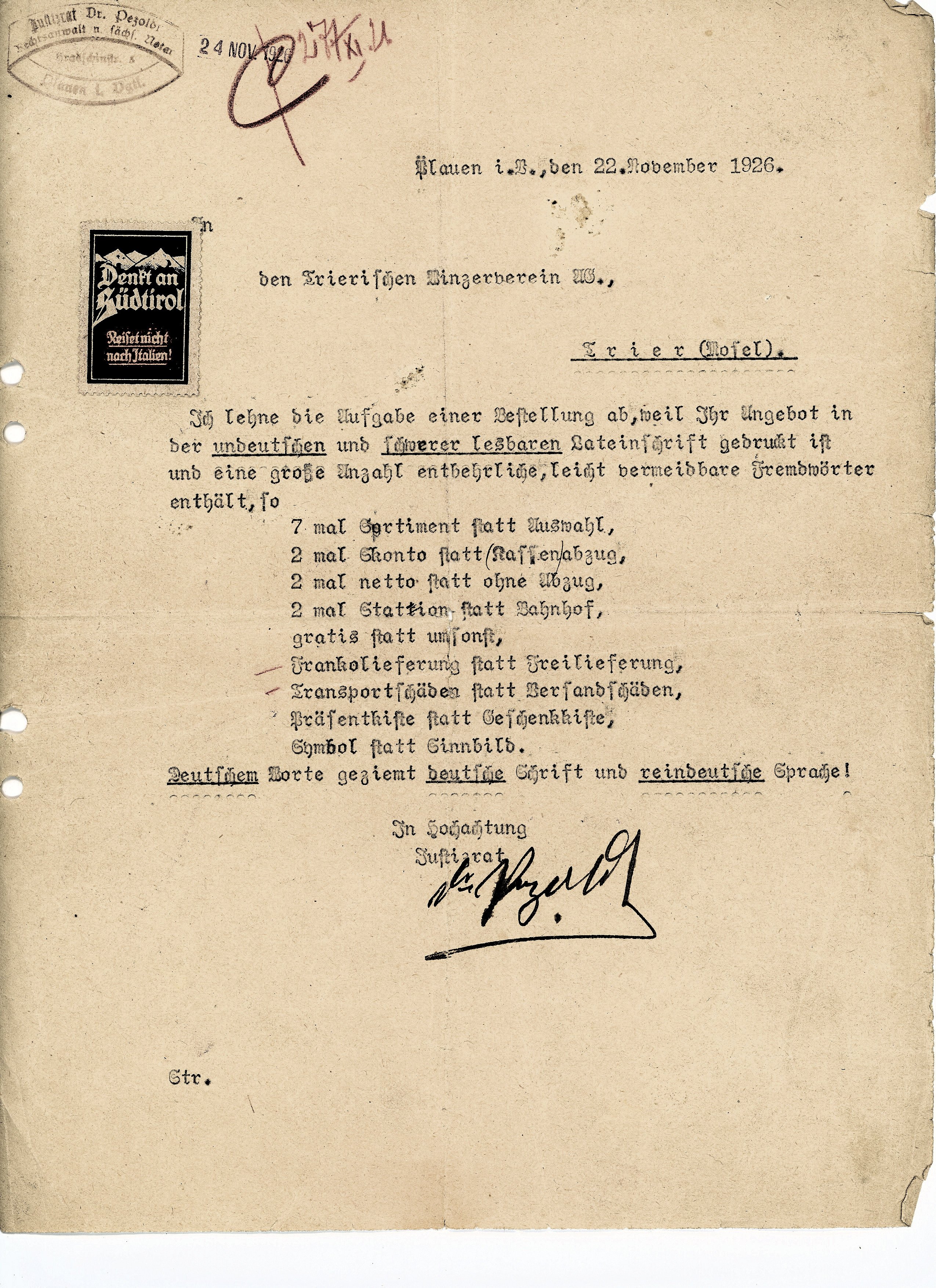 Brief vom Notar Petzold aus Plauen an den Trierischen Winzerverein (1926) (Freilichtmuseum Roscheider Hof CC0)