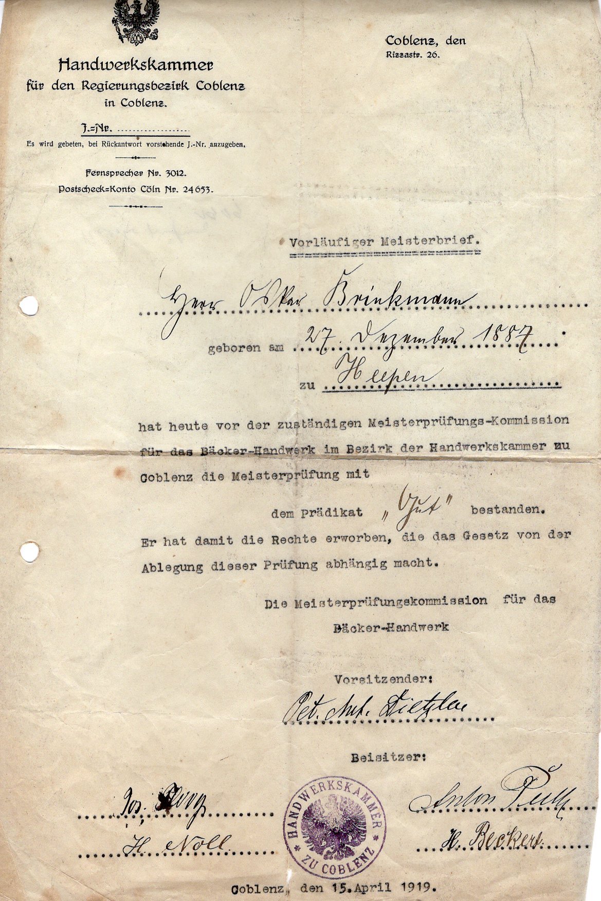 Vorläufiger Meisterbrief von Oskar Brinkmann (1919) (Freilichtmuseum Roscheider Hof CC0)