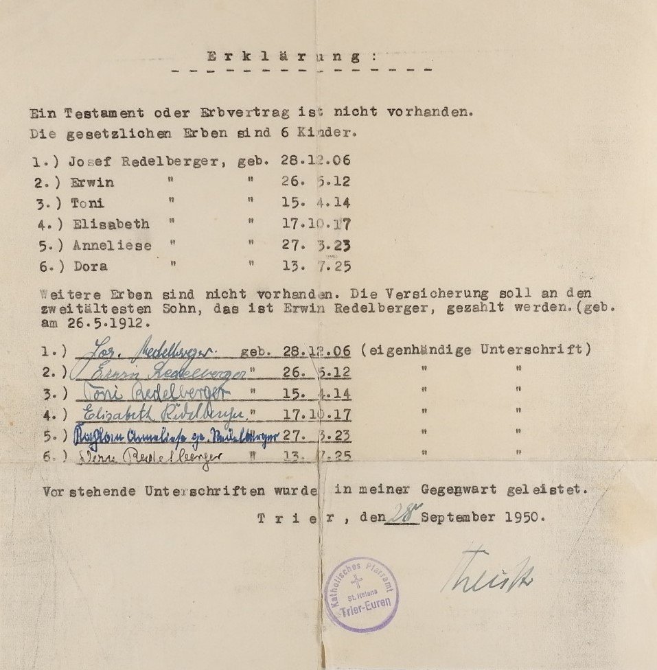 Erklärung über gesetzliche Erben (Redelberger) (Freilichtmuseum Roscheider Hof CC0)