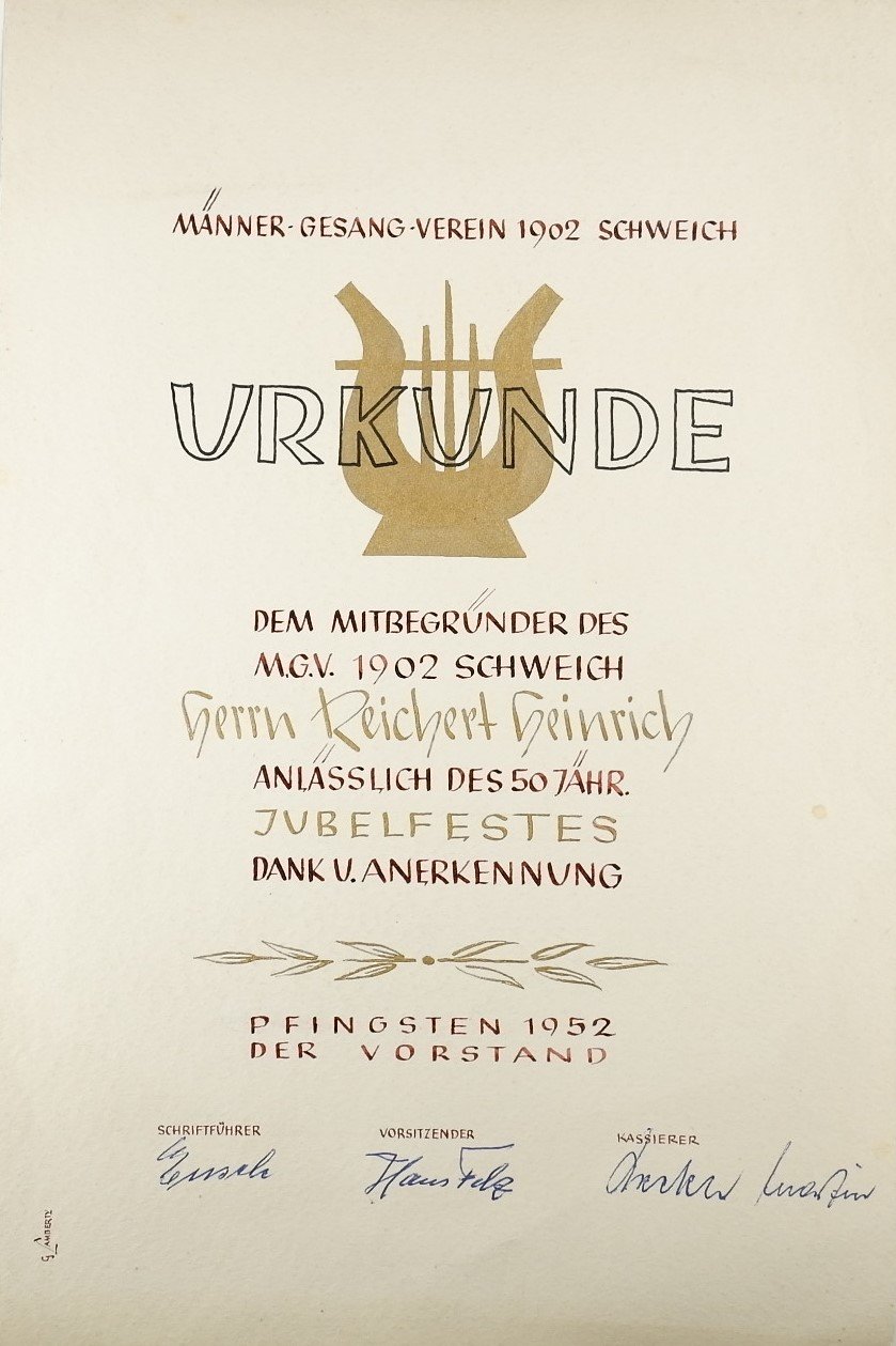 Urkunde: 50. Jubiläum des Männer-Gesang-Verein Schweich (Freilichtmuseum Roscheider Hof CC0)
