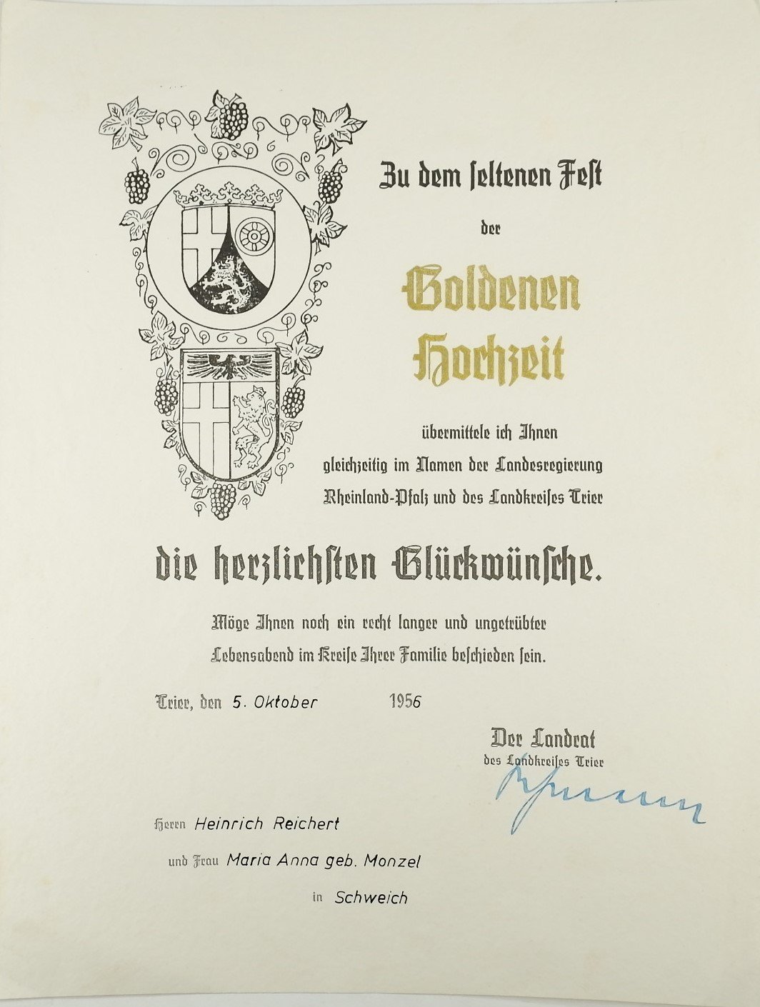 Urkunde: Goldene Hochzeit Heinrich Reichert und Maria Anna geb. Monzel (Landrat) (Freilichtmuseum Roscheider Hof CC0)