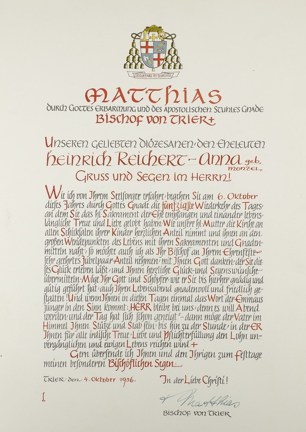 Urkunde: Goldene Hochzeit Heinrich Reichert und Maria Anna geb. Monzel (Bischof) (Freilichtmuseum Roscheider Hof CC0)