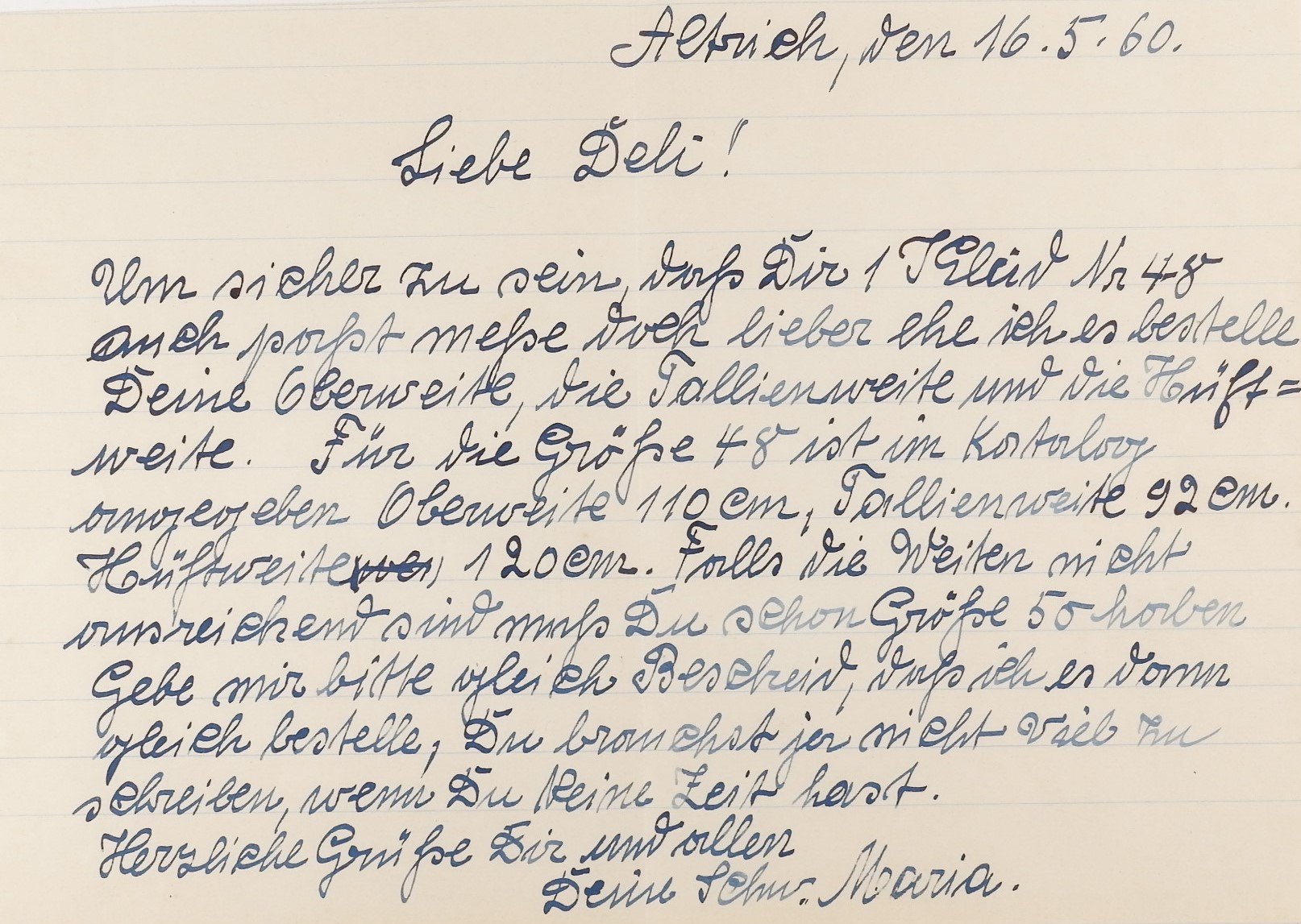 Brief an Adele Stolz (16.5.1960) (Freilichtmuseum Roscheider Hof CC0)