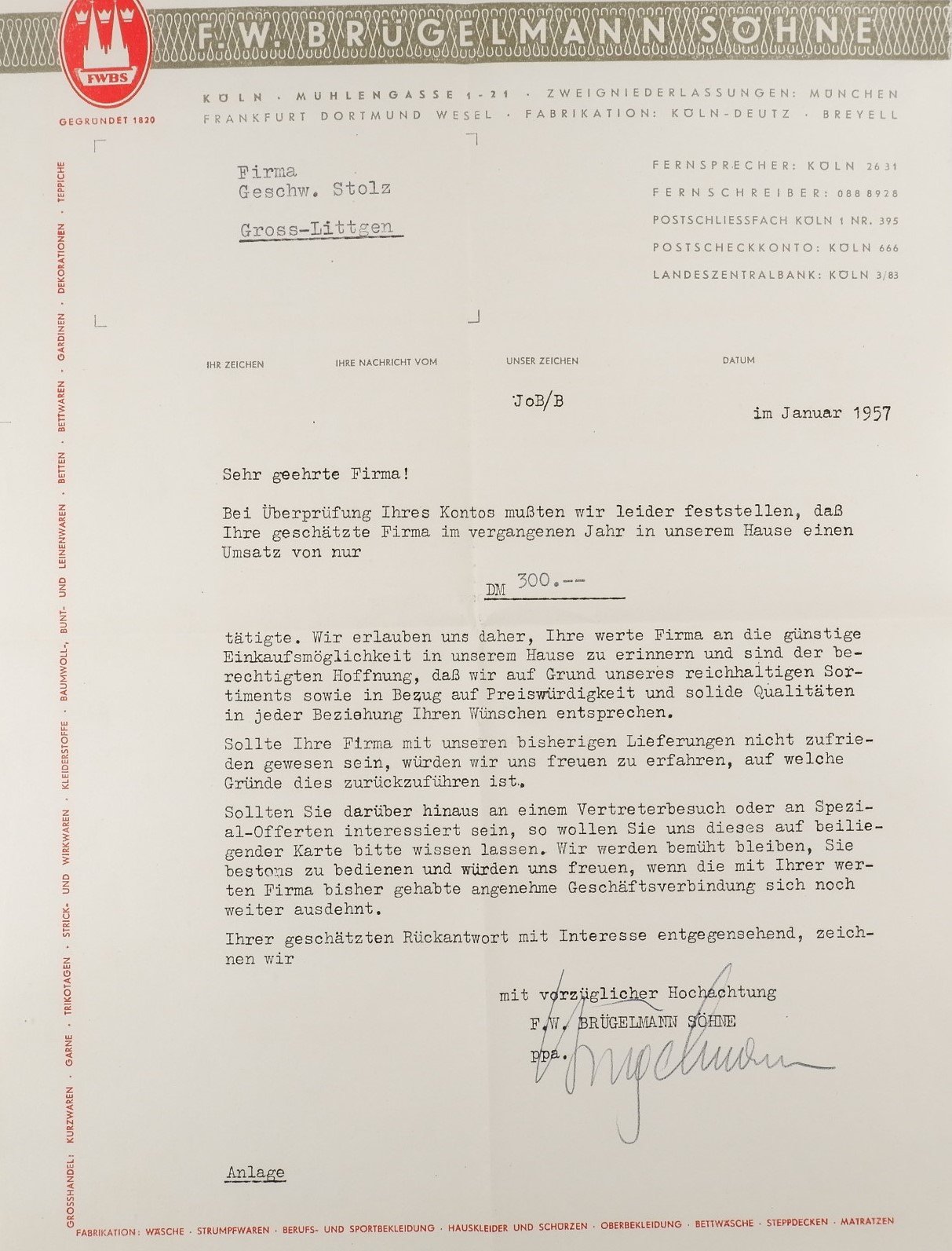 Schreiben an die Firma Geschwister Stolz (30.1.1957) (Freilichtmuseum Roscheider Hof CC0)
