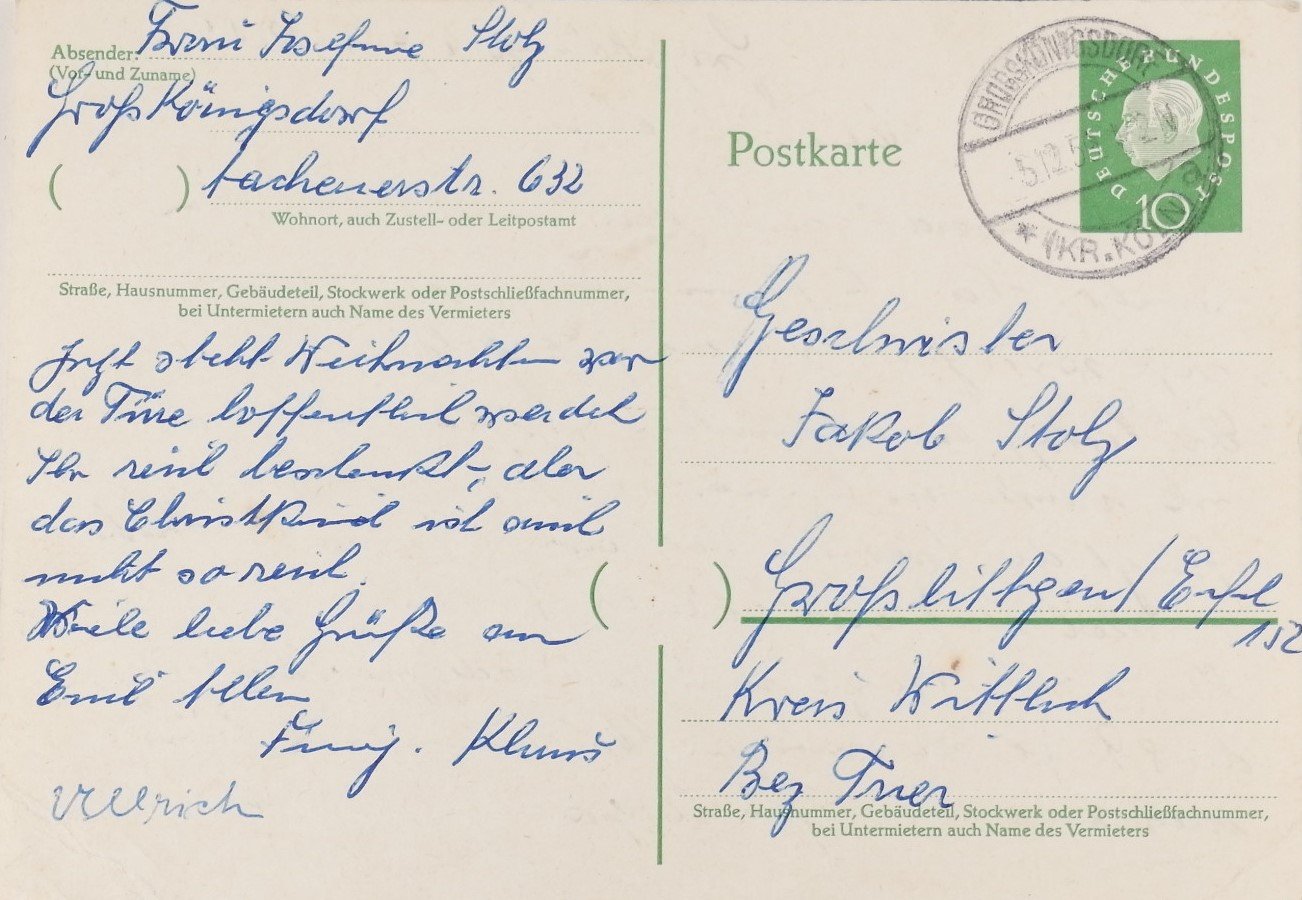 Postkarte für die Geschwister Jakob Stolz (02.12.1959) (Freilichtmuseum Roscheider Hof CC0)