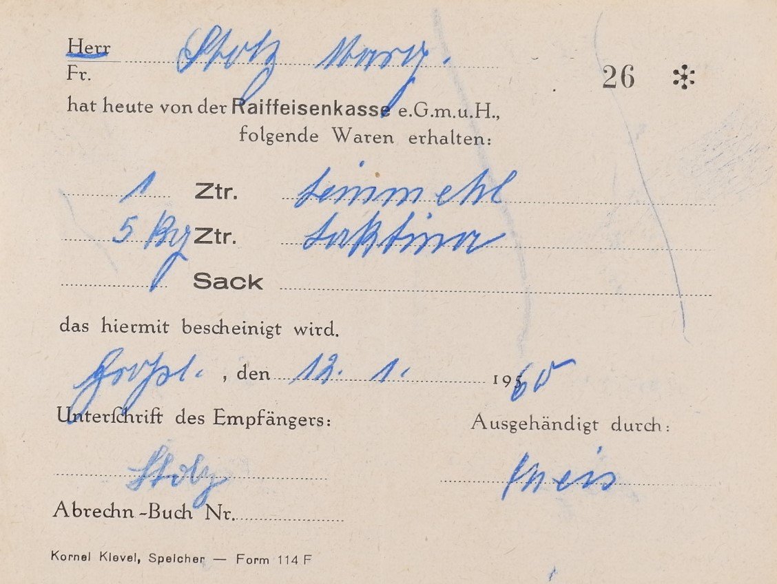 Empfangsbestätigung Raiffeisenkasse (12.01.1960) (Freilichtmuseum Roscheider Hof CC0)