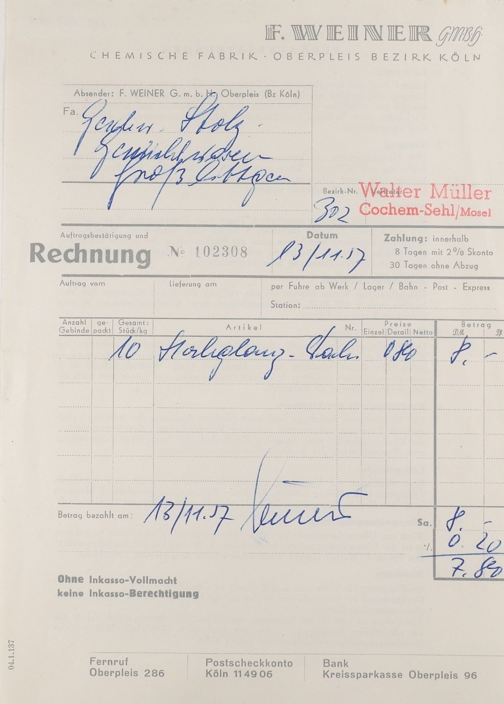 Rechnung F.Weiner GMBH (13.11.1957) (Freilichtmuseum Roscheider Hof CC0)