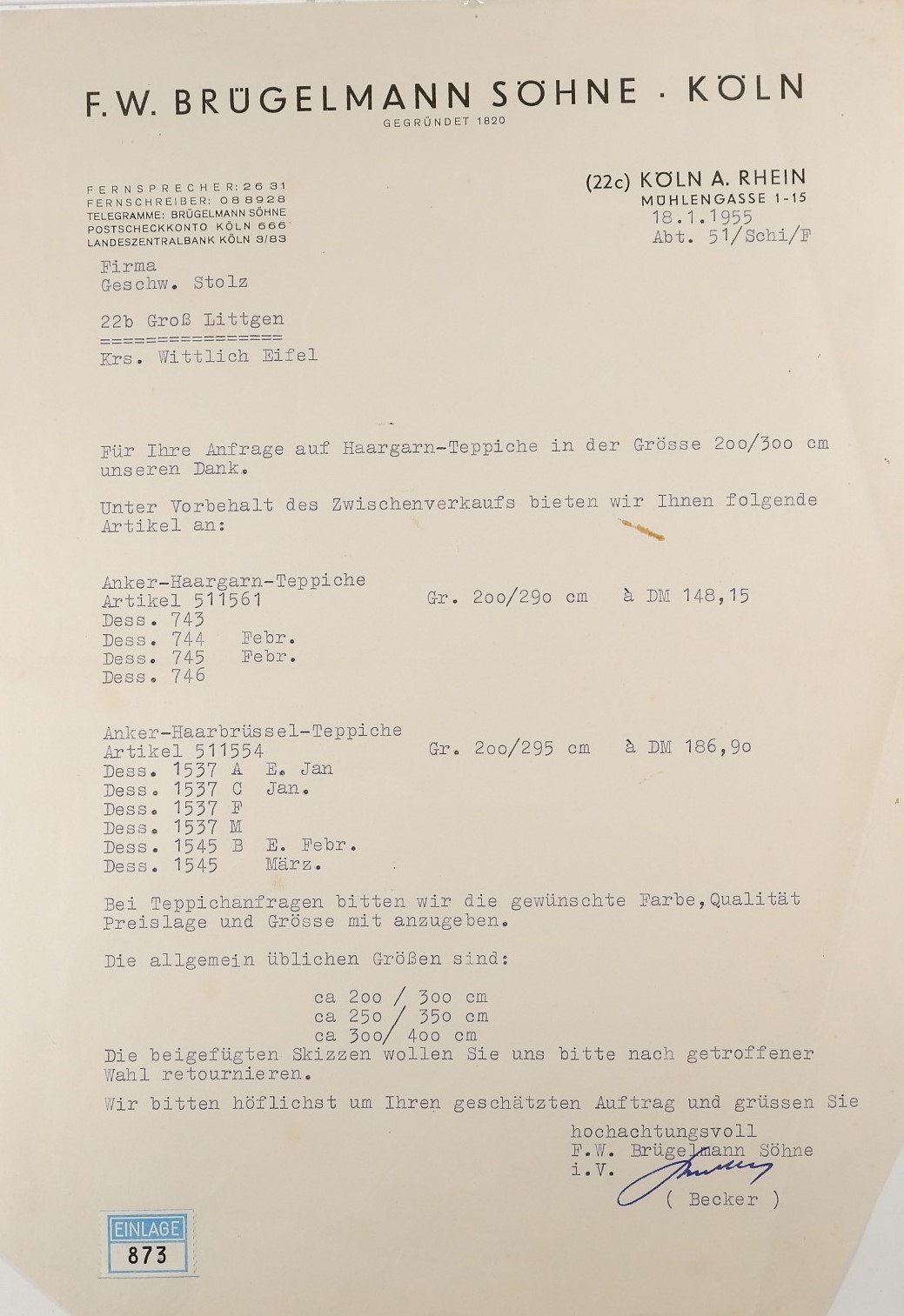 Schreiben der Firma F.W. Brügelmann Söhne an die Geschwister Stolz (18.01.1955) (Freilichtmuseum Roscheider Hof CC0)