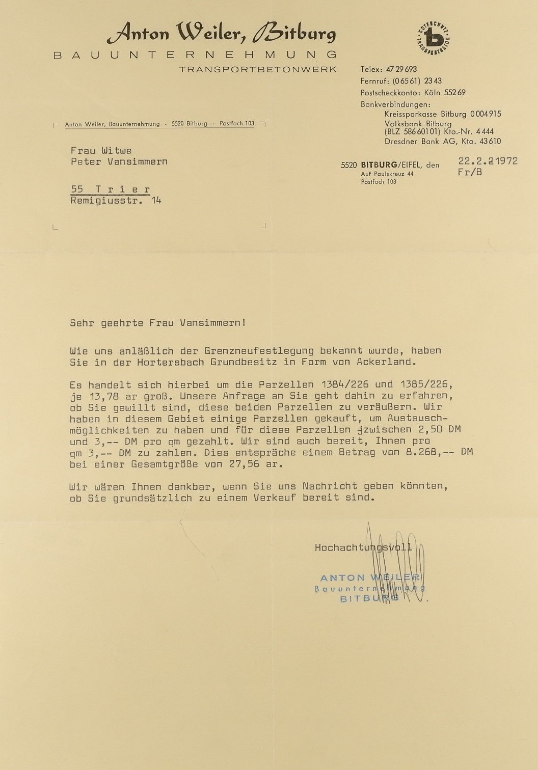 Korrespondenz über Grundstückkauf (1972) (Freilichtmuseum Roscheider Hof CC0)