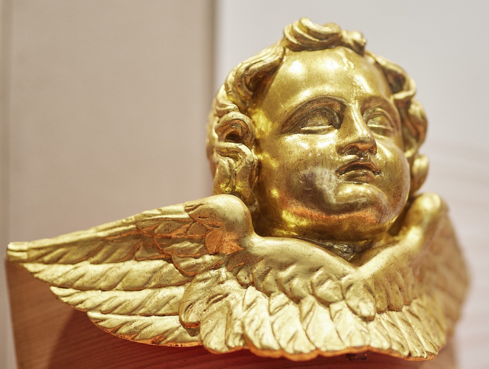 restaurierter Cherub, vergoldeter Engelskopf mit angesetzten Flügeln (Museum der Stadt Bad Neuenahr-Ahrweiler RR-P)