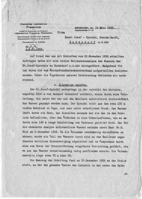 Heilwasseranalyse St. Josef-Sprudel aus dem Jahr 1939 (Heimatarchiv Bad Bodendorf CC BY-NC-SA)
