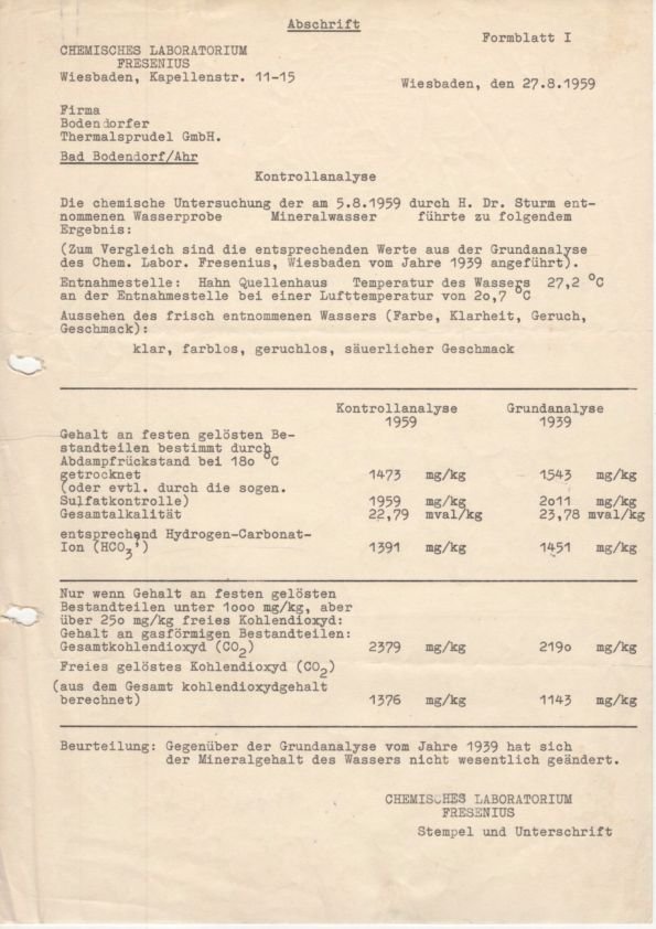 Kontrollanalyse zum St. Josefs-Sprudel aus dem Jahr 1959 (Heimatarchiv Bad Bodendorf CC BY-NC-SA)
