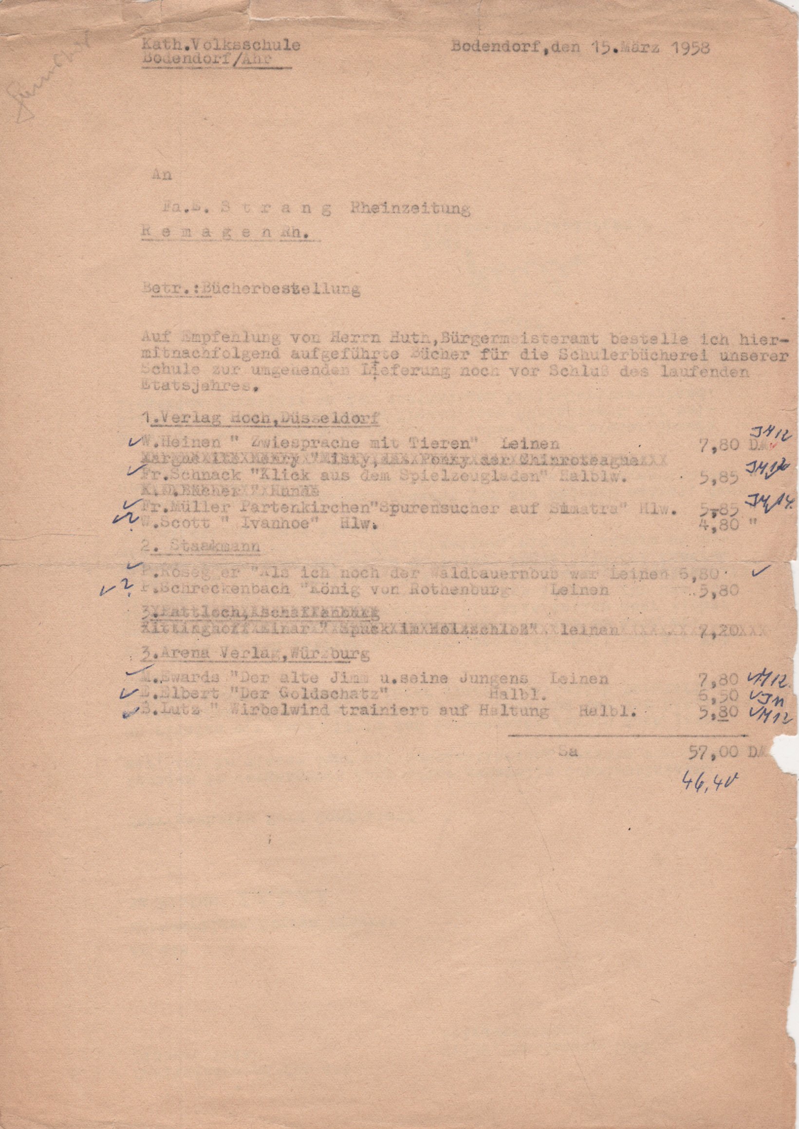 Bücherbestellung von der Kath. Volksschule Bodendorf vom 15. März 1958 (Heimatarchiv Bad Bodendorf CC BY-NC-SA)