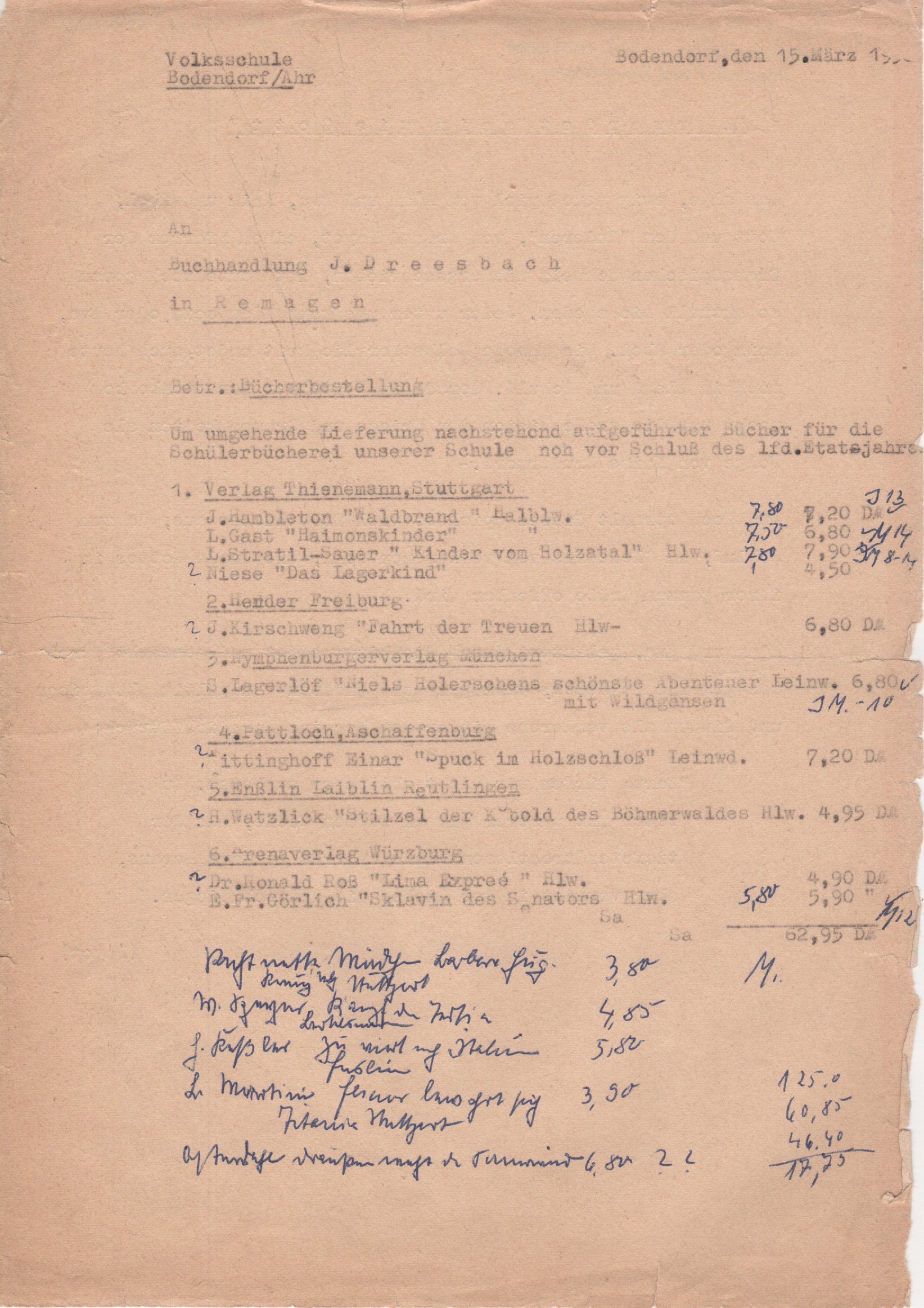 Bücherbestellung von der Kath. Volksschule Bodendorf vom 15. März 1959 (Heimatarchiv Bad Bodendorf CC BY-NC-SA)