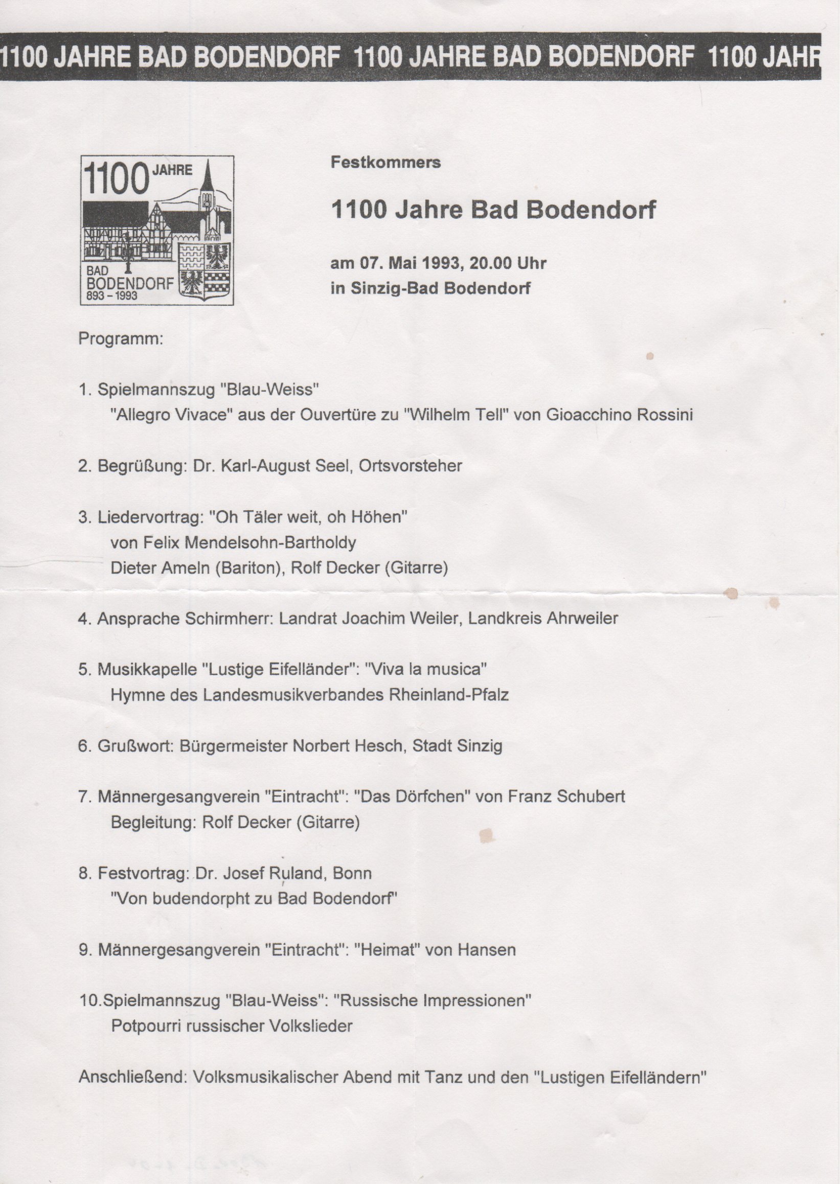 Programm des Festkommers am 7. Mai 1993 zur 1100 Jahrfeier in Bad Bodendorf (Heimatarchiv Bad Bodendorf CC BY-NC-SA)