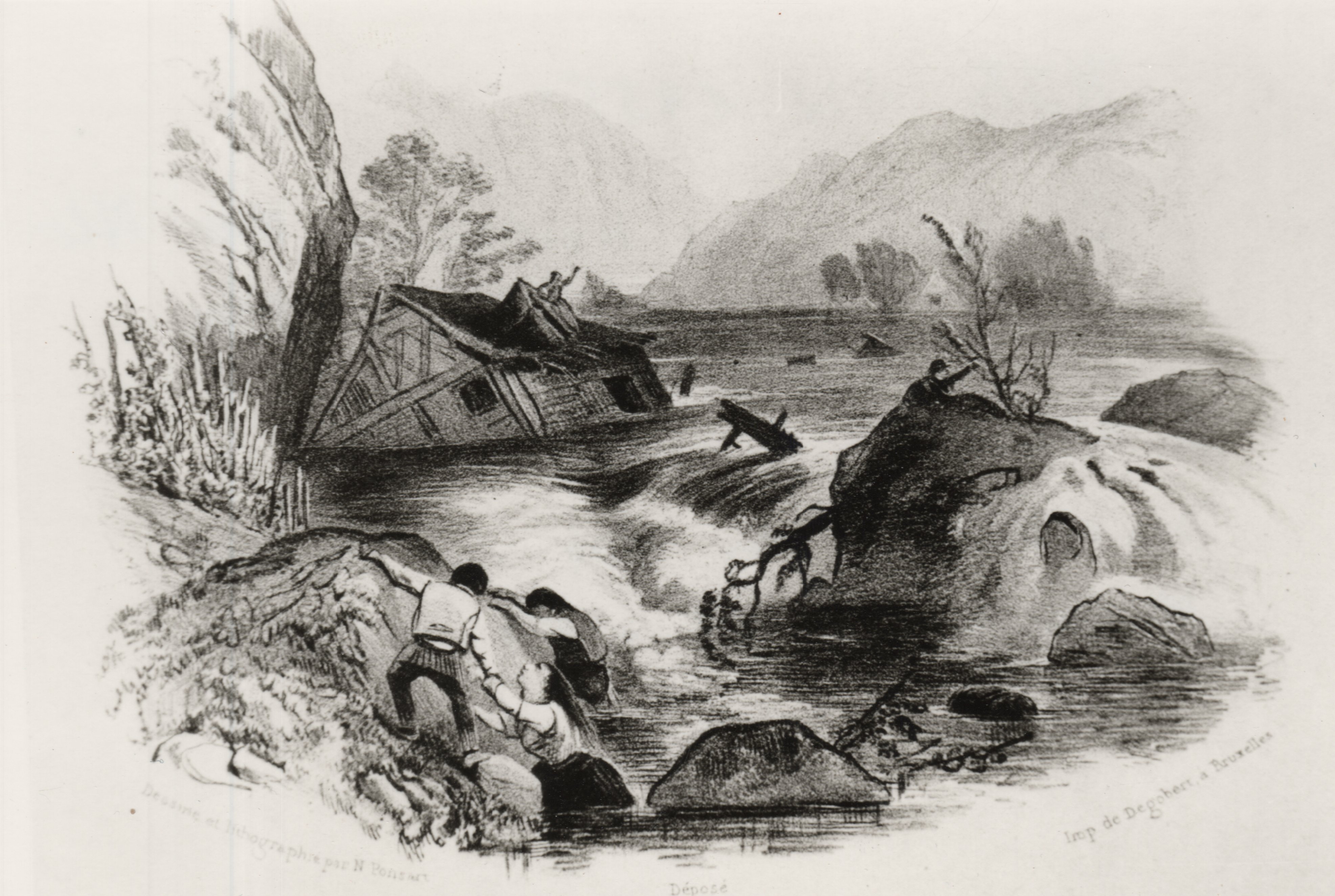Das Hochwasser an der Ahr - Zeichnung von Jean Nicolas François Ponsart (Das Bild kann urherrechtlich geschützt sein. CC BY-NC-SA)
