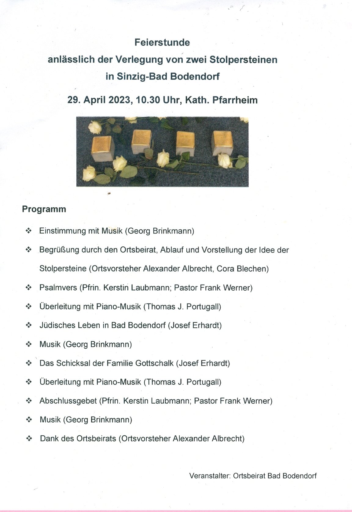 Programm zur Feierstunde anlässlich der Stolpersteinverlegung in Bad Bodendorf (Heimatarchiv Bad Bodendorf CC BY-NC-SA)