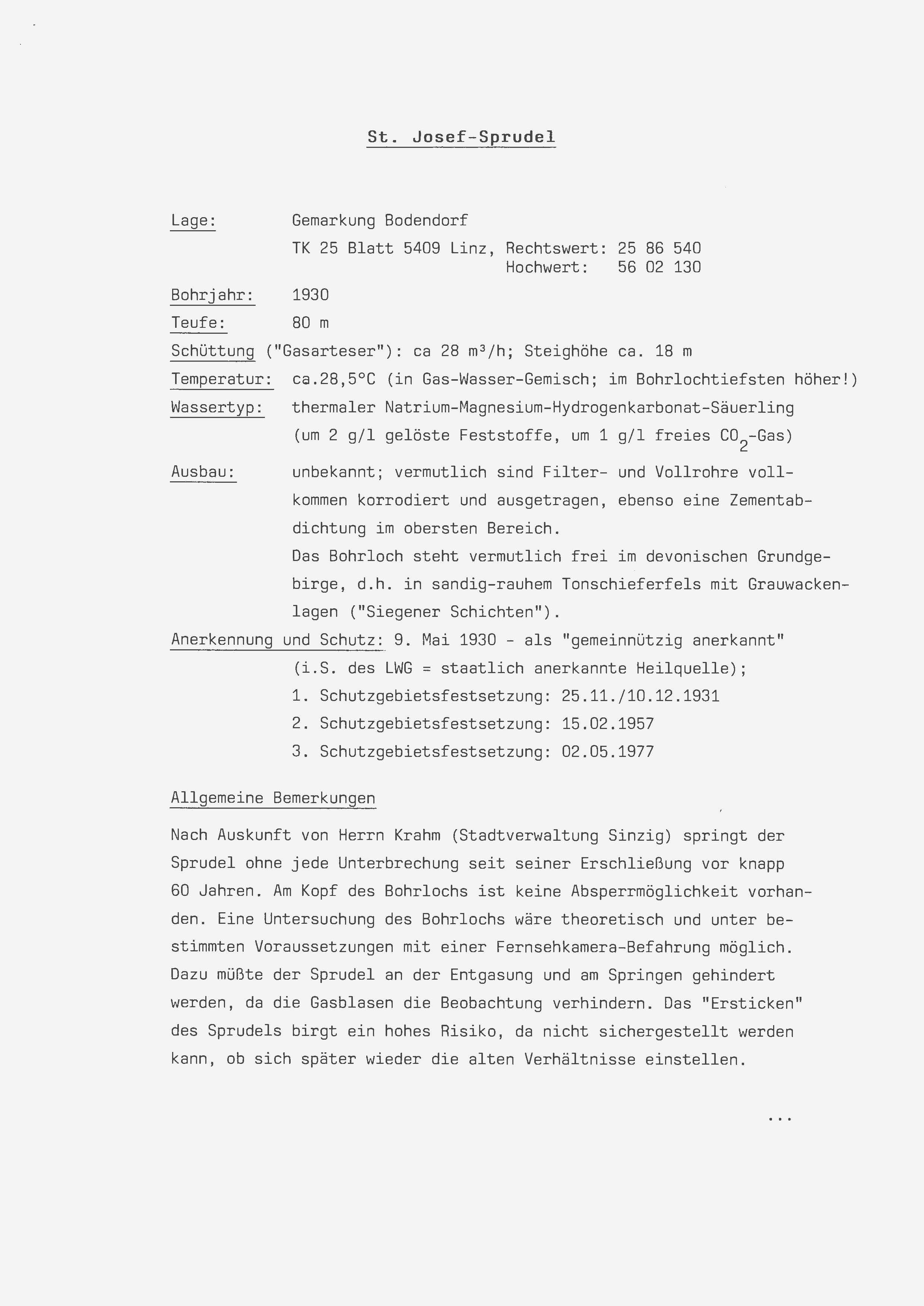 Untersuchungsergebnis des St. Josef-Sprudel , Bohrung von 1930, aus Leisungsfähigkeit im Jahr 1989 (Heimatarchiv Bad Bodendorf CC BY-NC-SA)