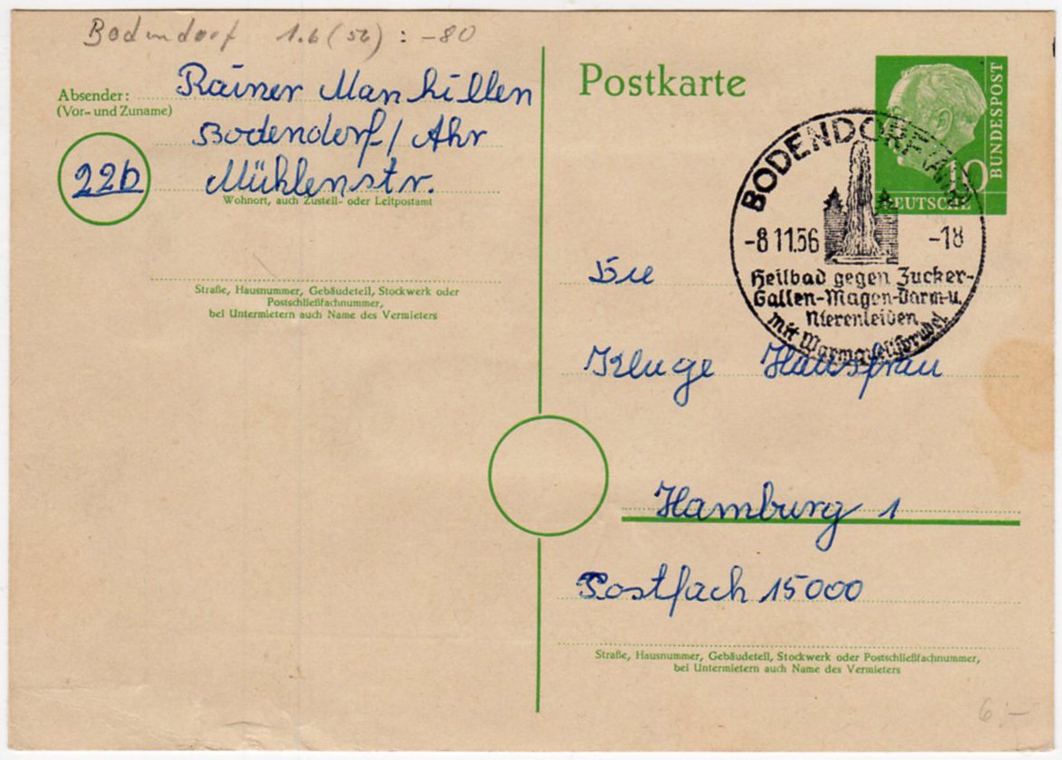Postkarte mit Werbestempel der Post (Heimatarchiv Bad Bodendorf CC BY-NC-SA)