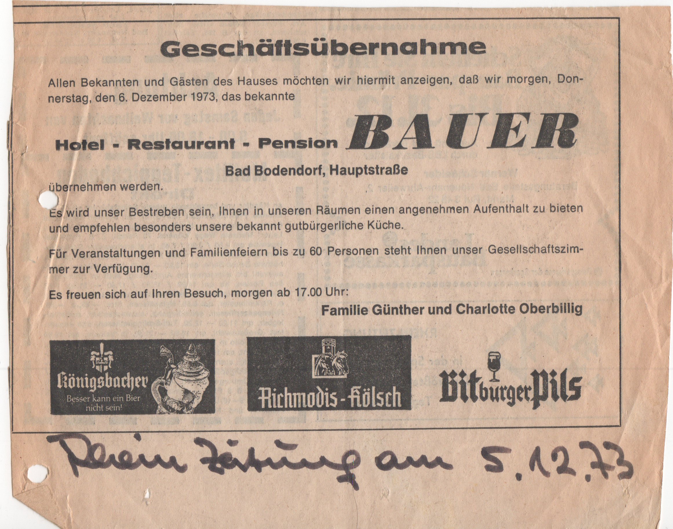 Anzeige der Geschäftsübernahme Hotel – Restaurant – Pension Bauer an Fam. Oberbillig (Heimatarchiv Bad Bodendorf CC BY-NC-SA)