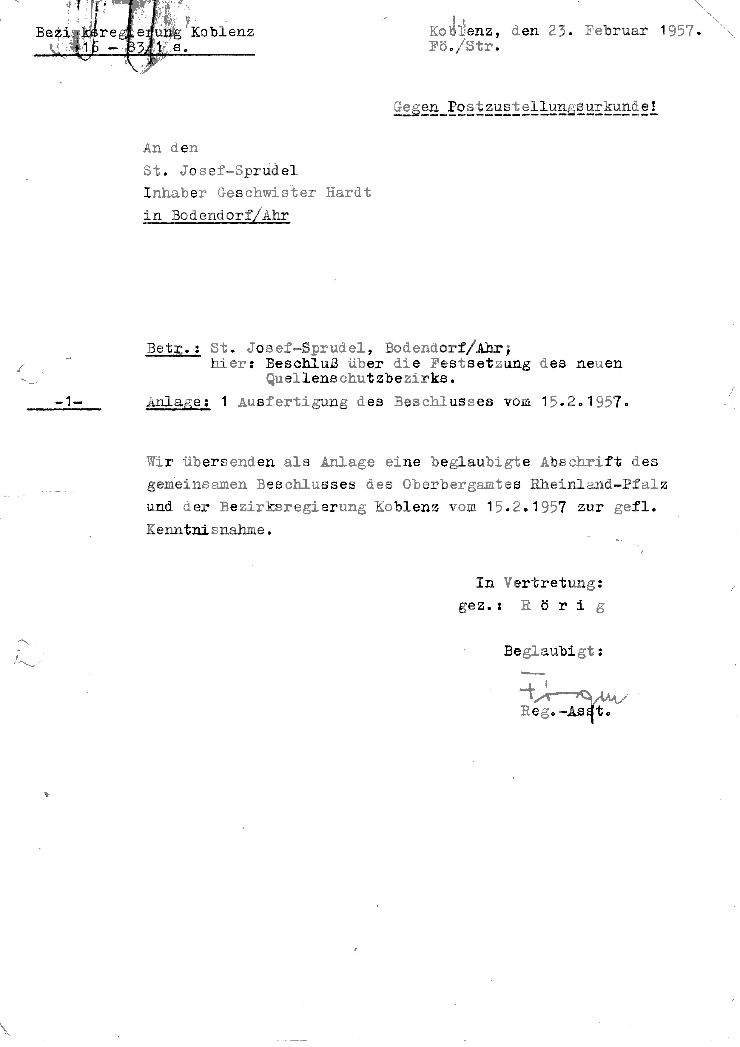 Beschluss über die Festsetzung des neuen Quellschutzbezirks vom 15.02.1957 (Heimatarchiv Bad Bodendorf CC BY-NC-SA)