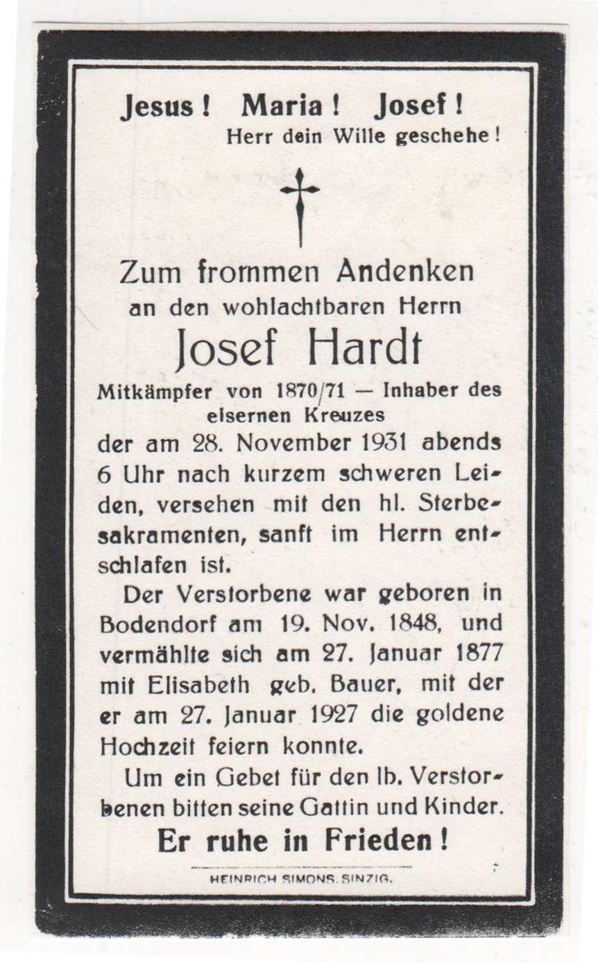 Sterbezettel Josef Hardt (Heimatarchiv Bad Bodendorf CC BY-NC-SA)