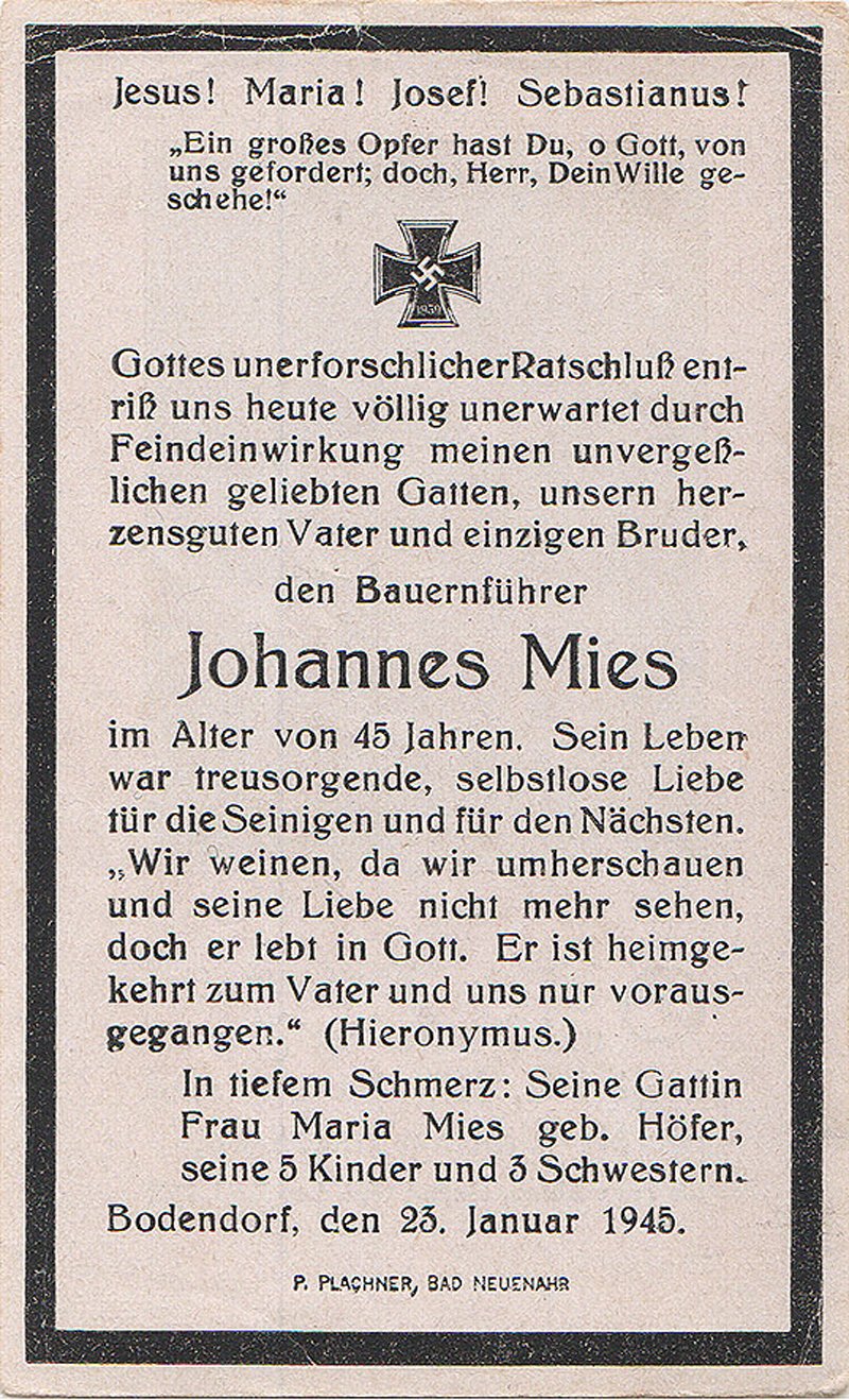 Totenzettel von Johannes Mies (Heimatarchiv Bad Bodendorf CC BY-NC-SA)