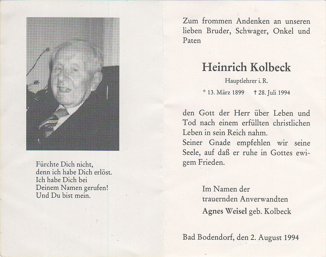 Totenzettel von Hauptlehrer Heinrich Kolbeck (Heimatarchiv Bad Bodendorf CC BY-NC-SA)