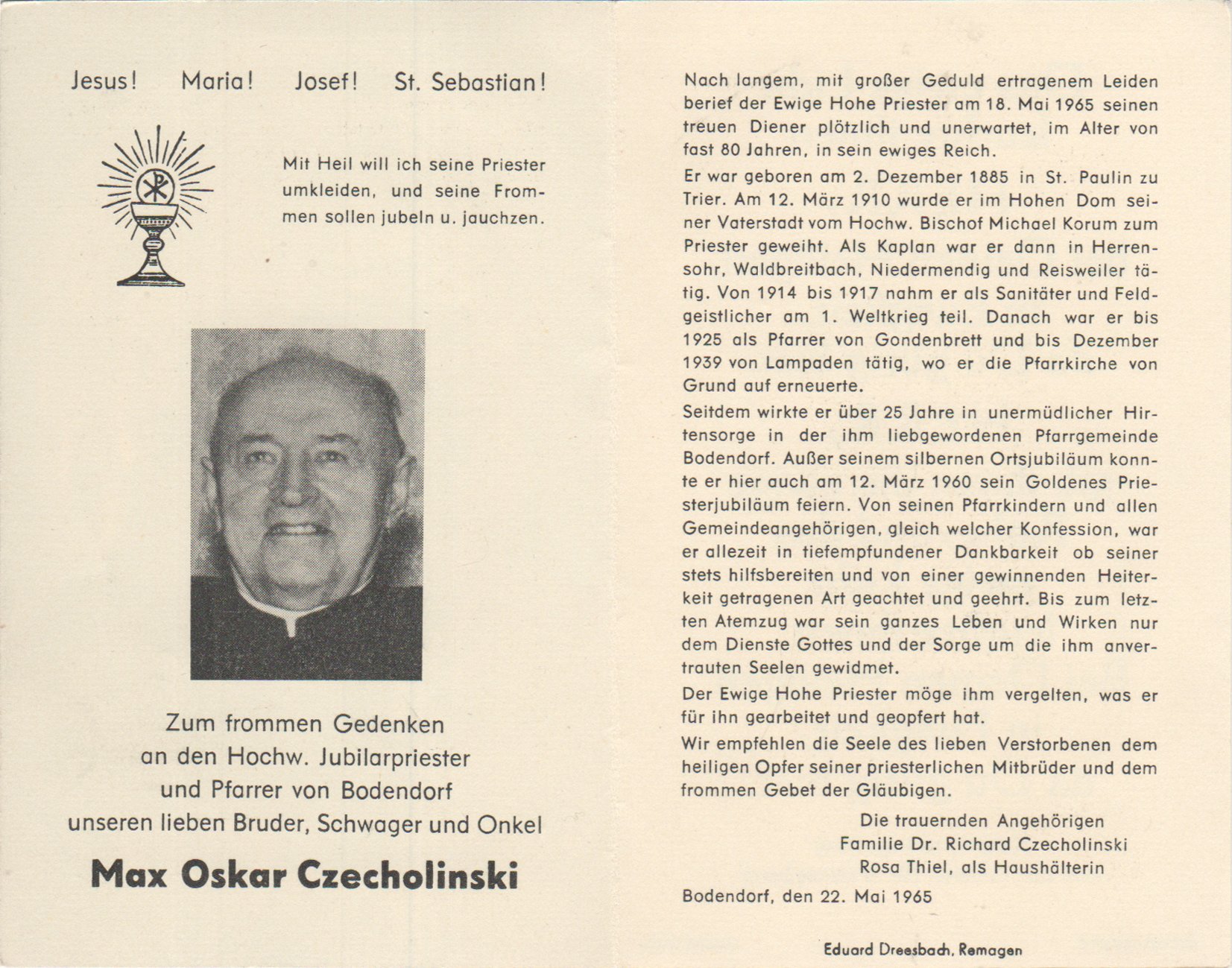 Totenzettel von Pfarrer Max Oscar Czecholinski (Heimatarchiv Bad Bodendorf CC BY-NC-SA)