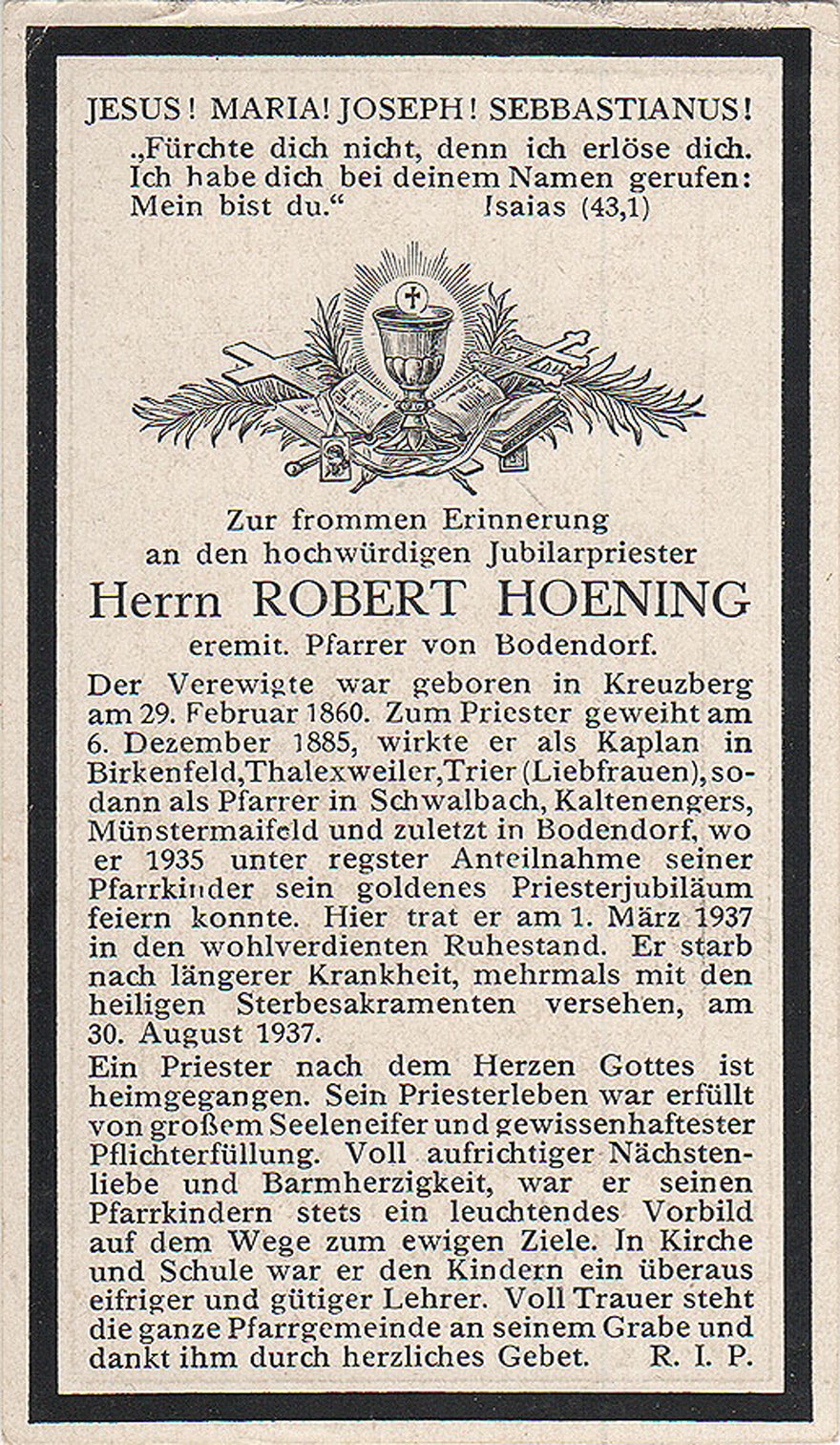 Totenzettel von Pfarrer Robert Hoening (Heimatarchiv Bad Bodendorf CC BY-NC-SA)