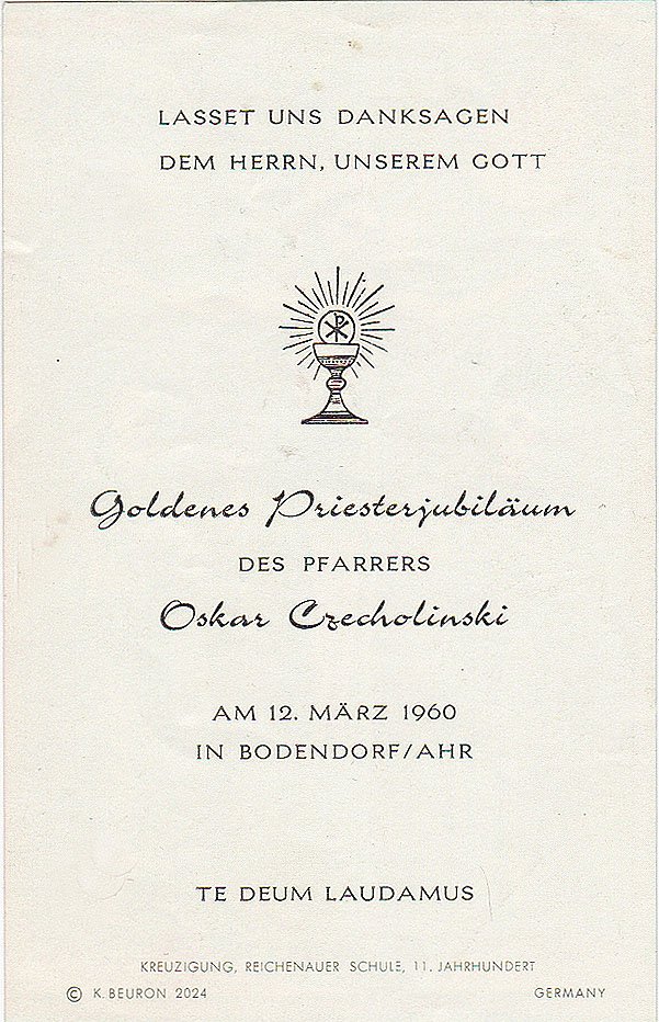 Erinnerungskarte an das Goldene Pristerjubiläum von Pastor Max Oskar Czechominski (Heimatarchiv Bad Bodendorf CC BY-NC-SA)