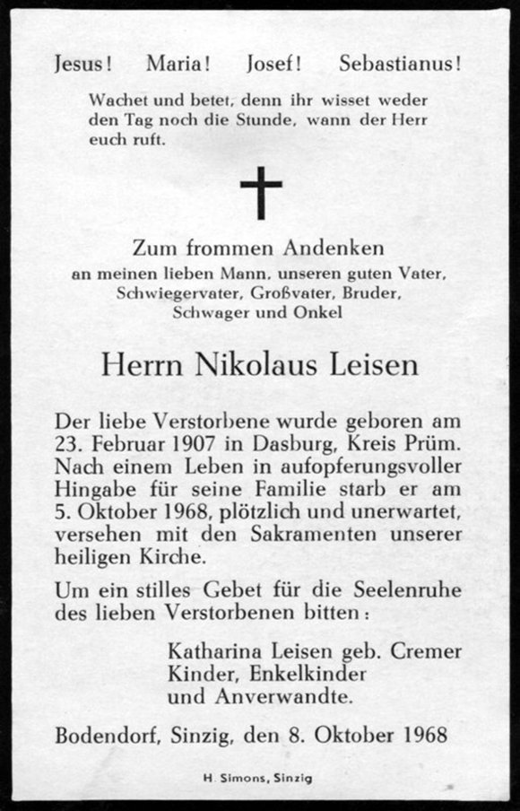 Totenzettel Nikolaus Leisen (Heimatarchiv Bad Bodendorf CC BY-NC-SA)
