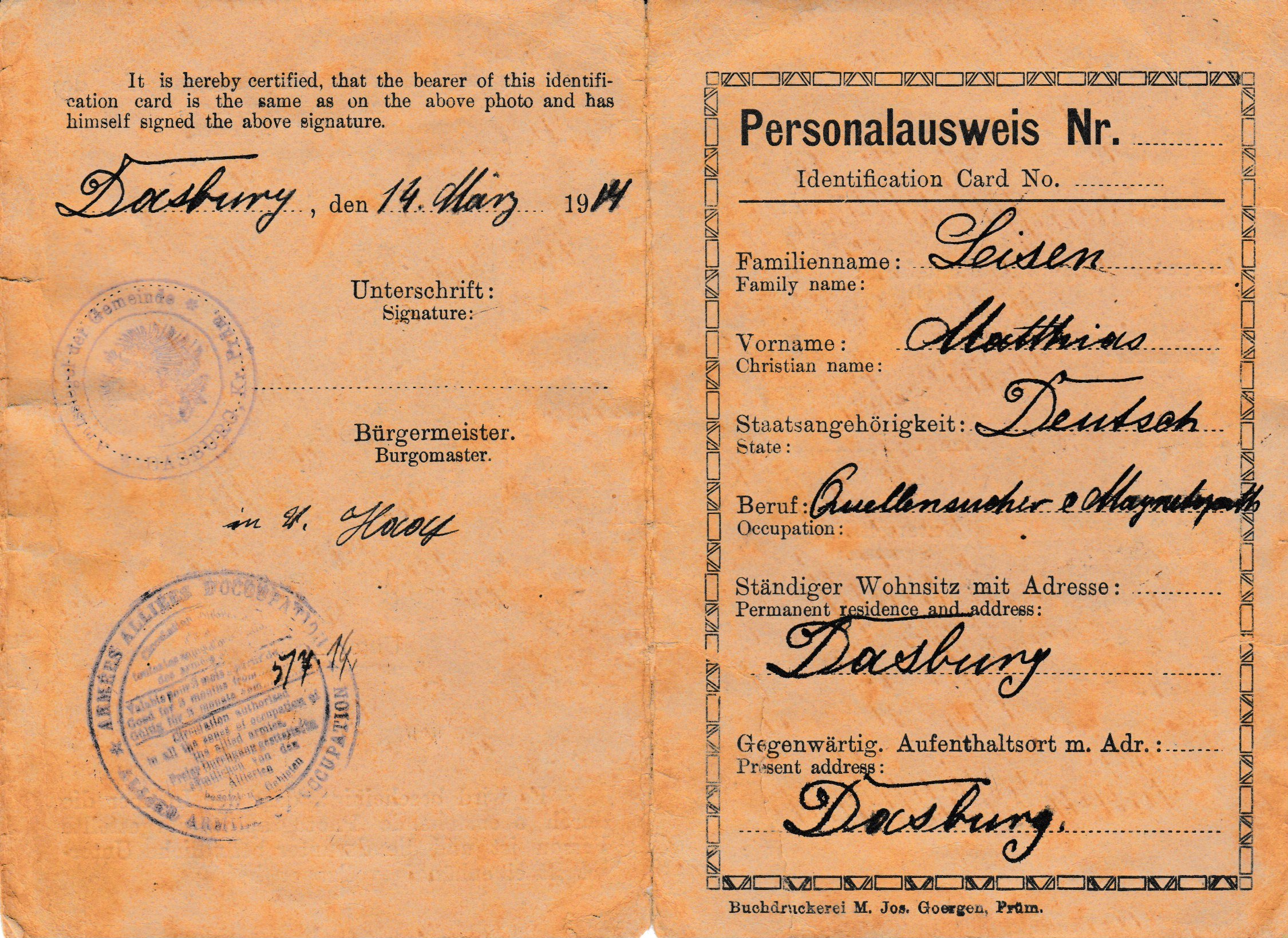 Personalausweis von Matthias Leisen aus dem Jahr 1919 (Dr. Jürgen Haffke CC BY-NC-SA)