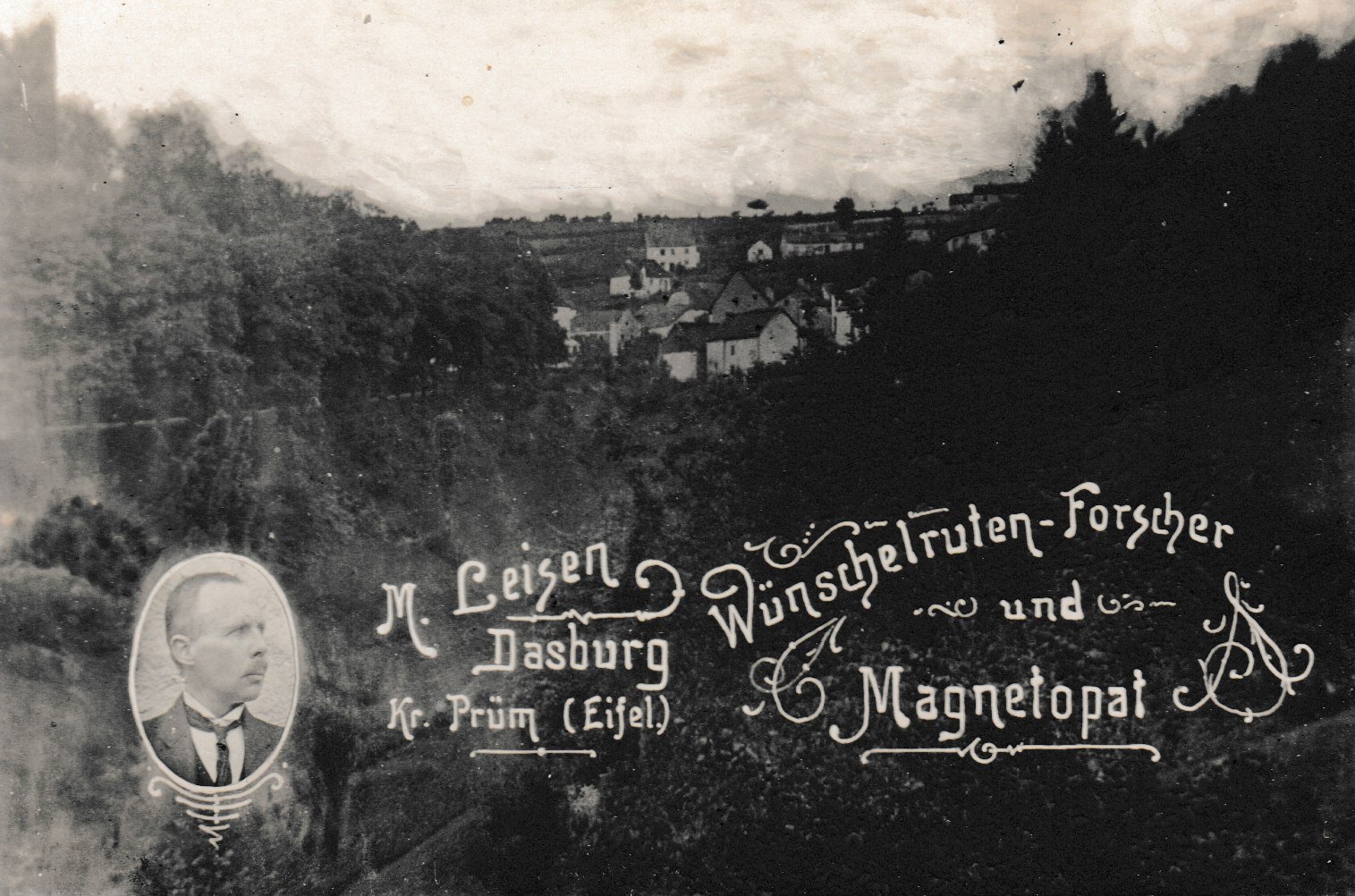 Werbeplakat von Matthias Leisen als Wünschelruten-Forscher und Magnetopat (Dr. Jürgen Haffke CC BY-NC-SA)