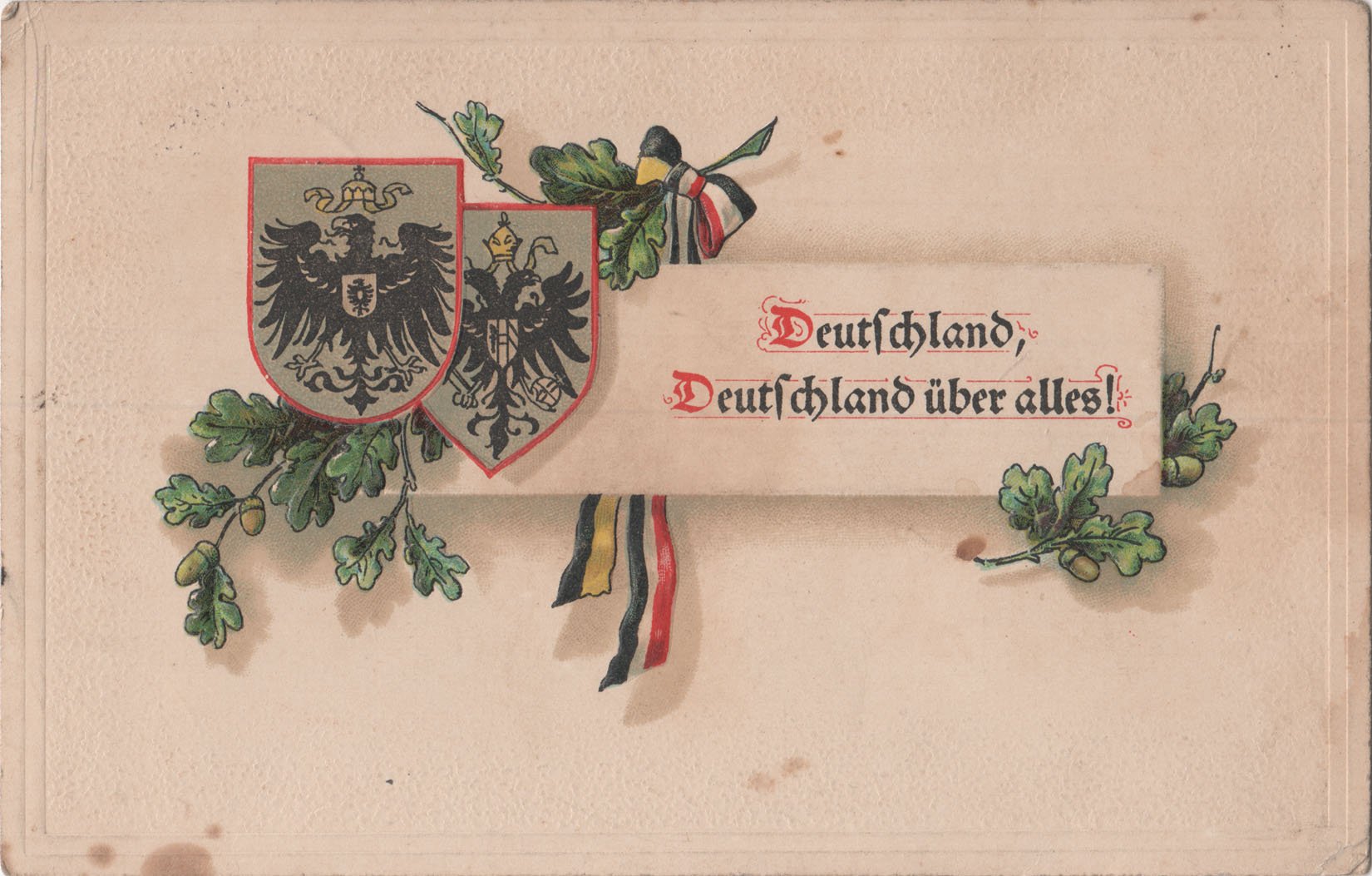 Patriotische Postkarte mit den zwei Kaiserwappen und dem Spruch "Deutschland, Deutschland über alles!" (Heimatarchiv Bad Bodendorf CC BY-NC-SA)
