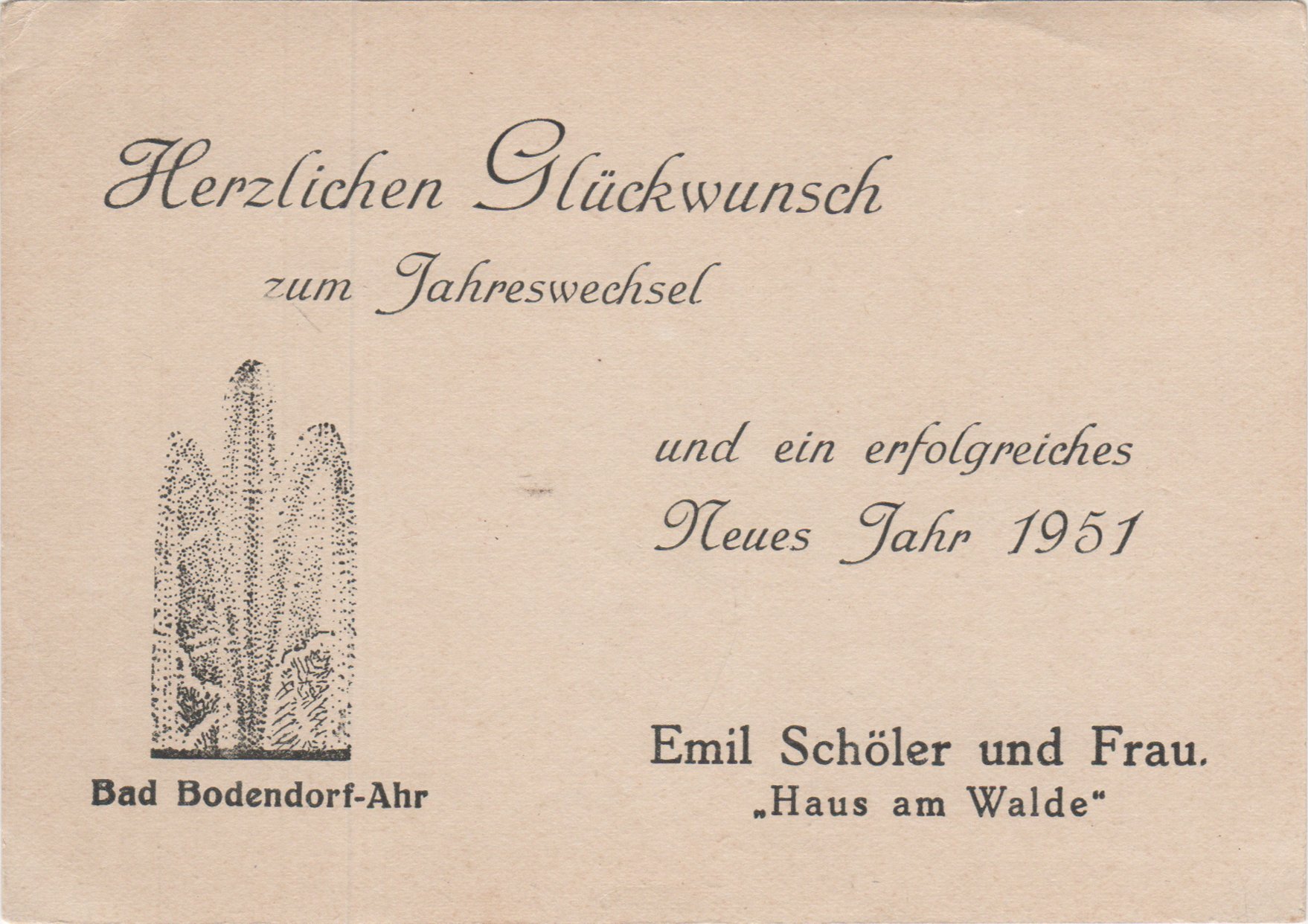 Glückwunschkarte Haus am Walde zum Jahreswechsel 1951 (Heimatarchiv Bad Bodendorf CC BY-NC-SA)
