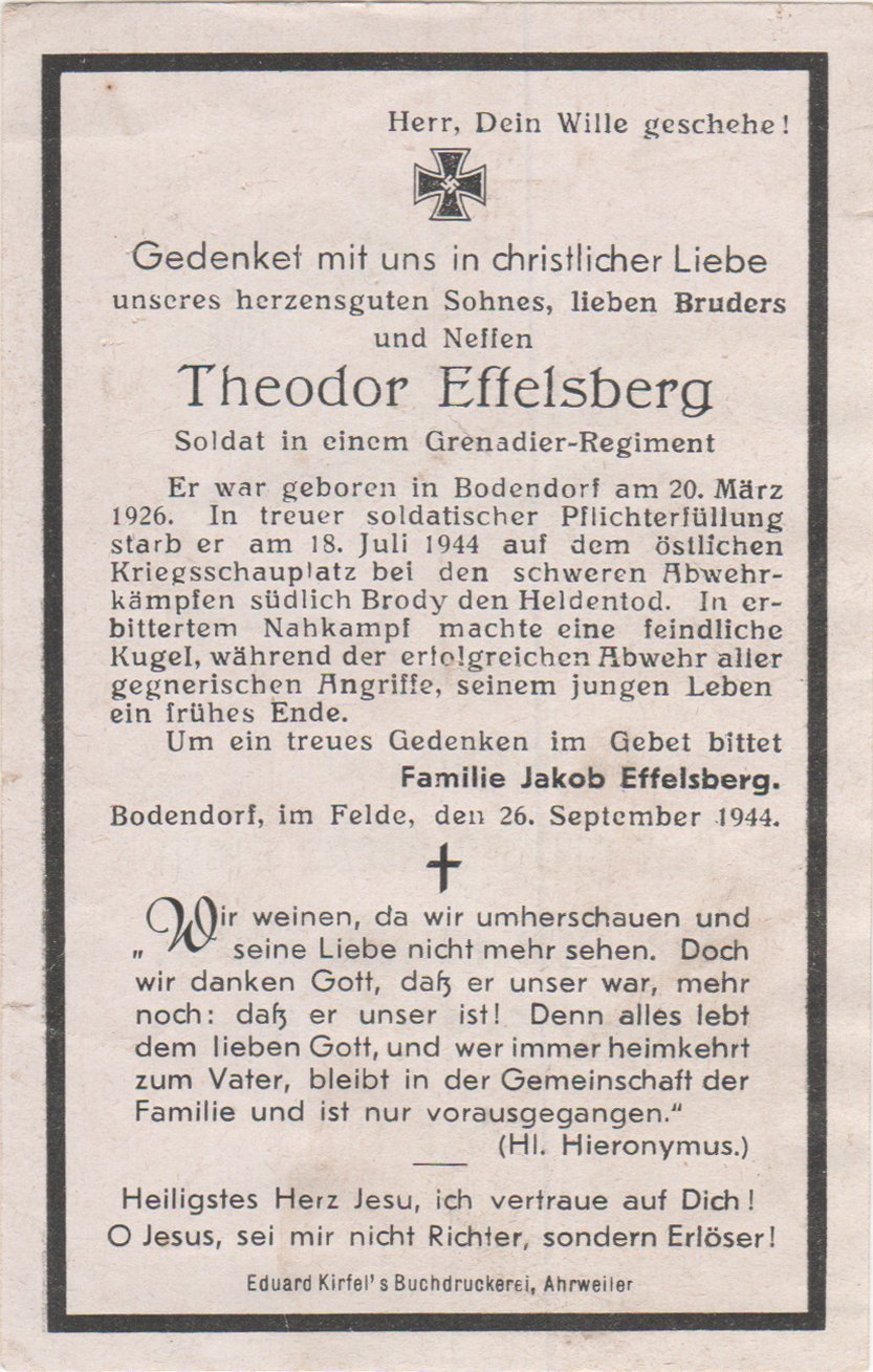 Totenzettel des Soldaten Theodor Effelsberg (Heimatarchiv Bad Bodendorf CC BY-NC-SA)