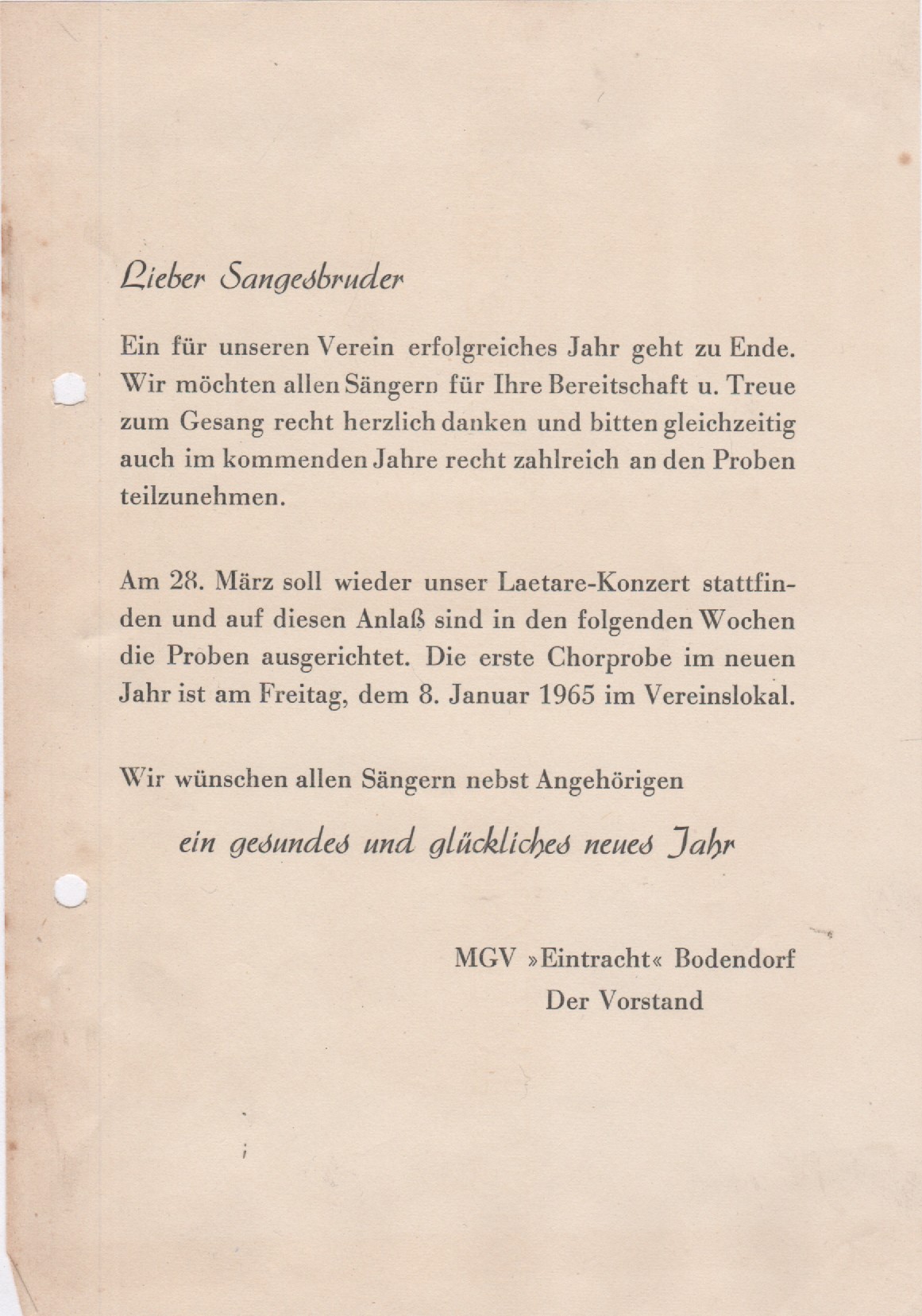 Dankesbrief des Vorstandes MGV Eintrach zum Jahreswechsel 1964/1965 (Heimatmuseum und -Archiv Bad Bodendorf CC BY-NC-SA)