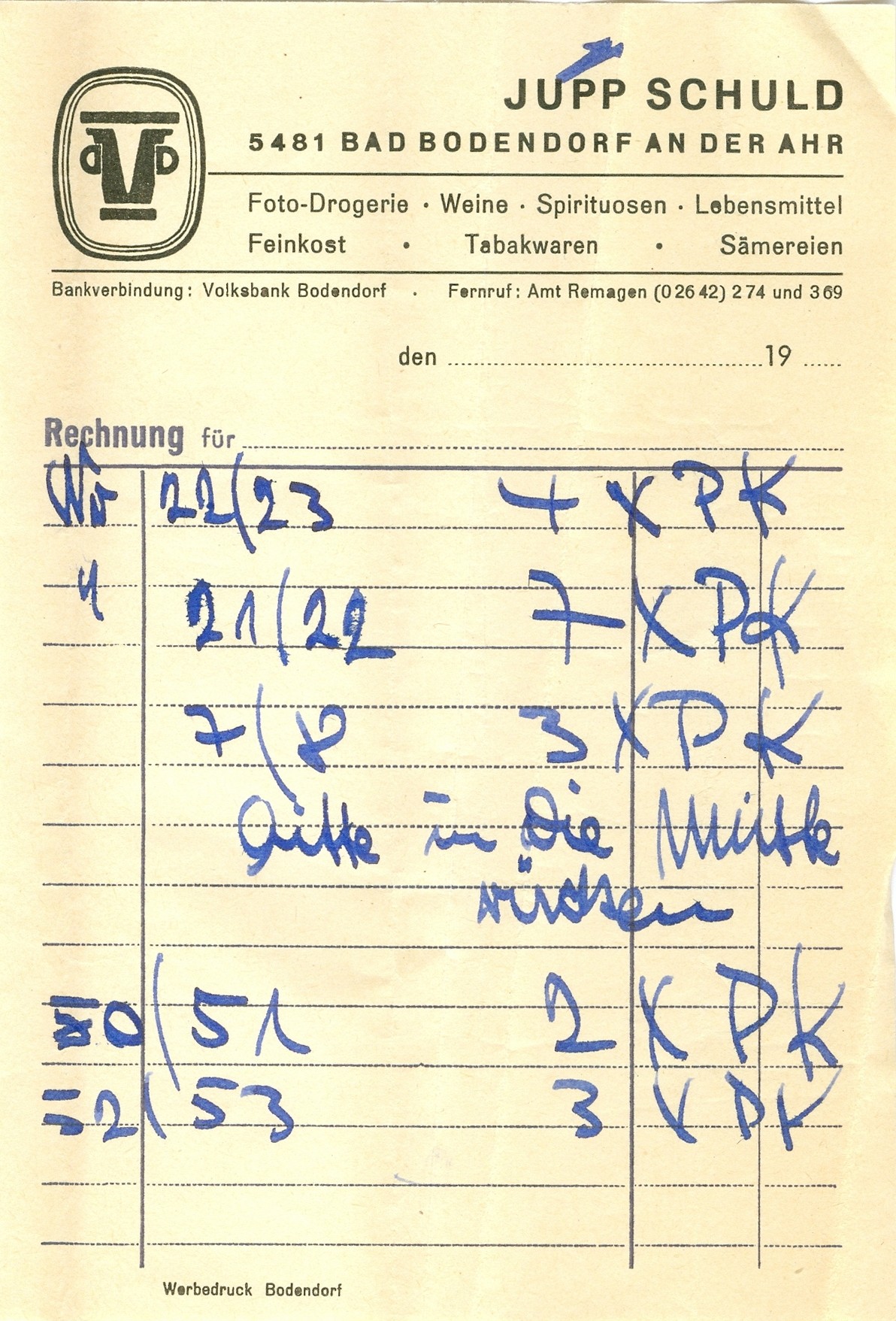 Kleiner Rechnungsvordruck (Heimatmuseum und -Archiv Bad Bodendorf CC BY-NC-SA)
