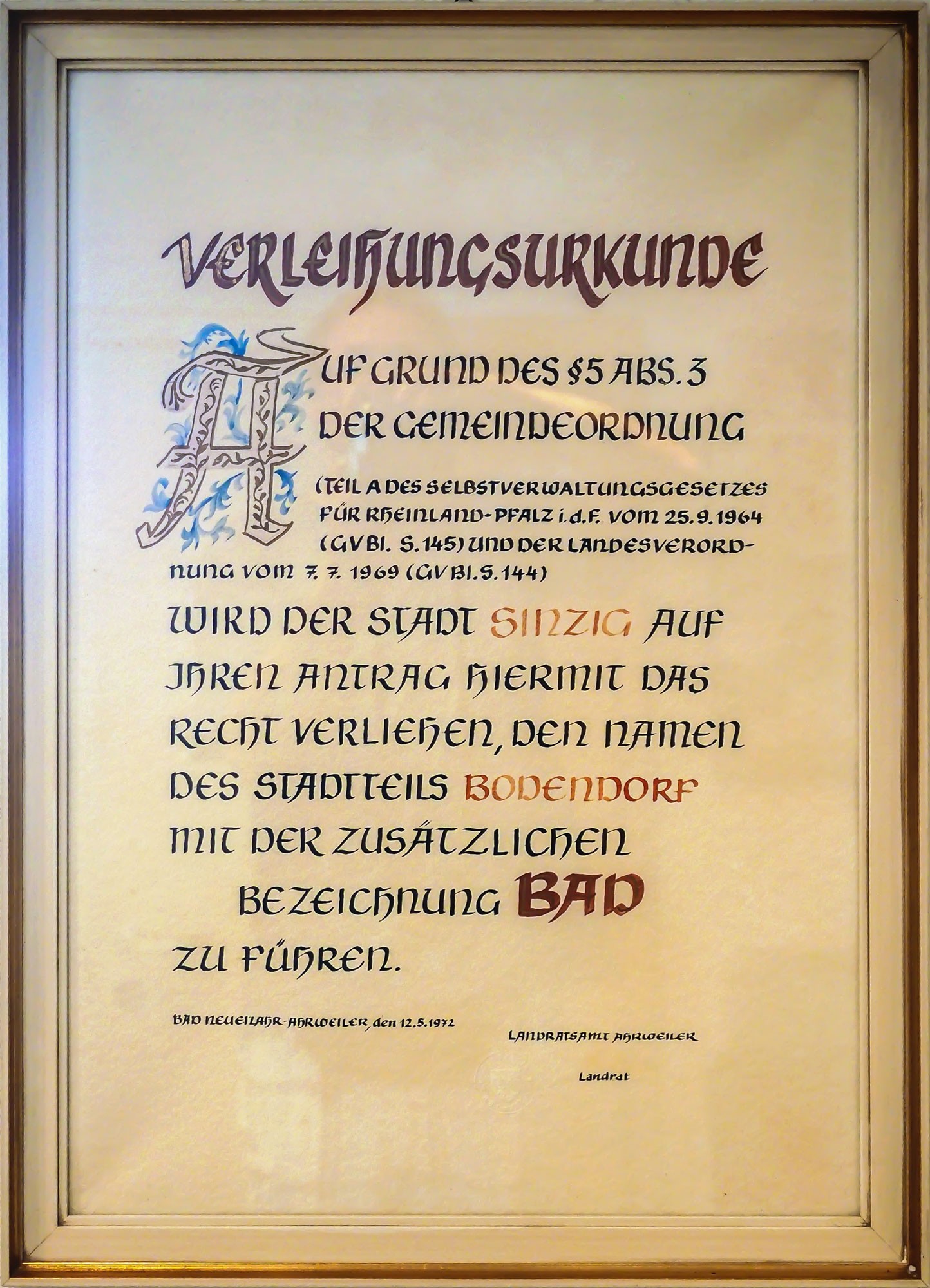 Verleihungszrkunde Badtitel für Bodendorf/Ahr (Heimatmuseum und -Archiv Bad Bodendorf CC BY-NC-SA)